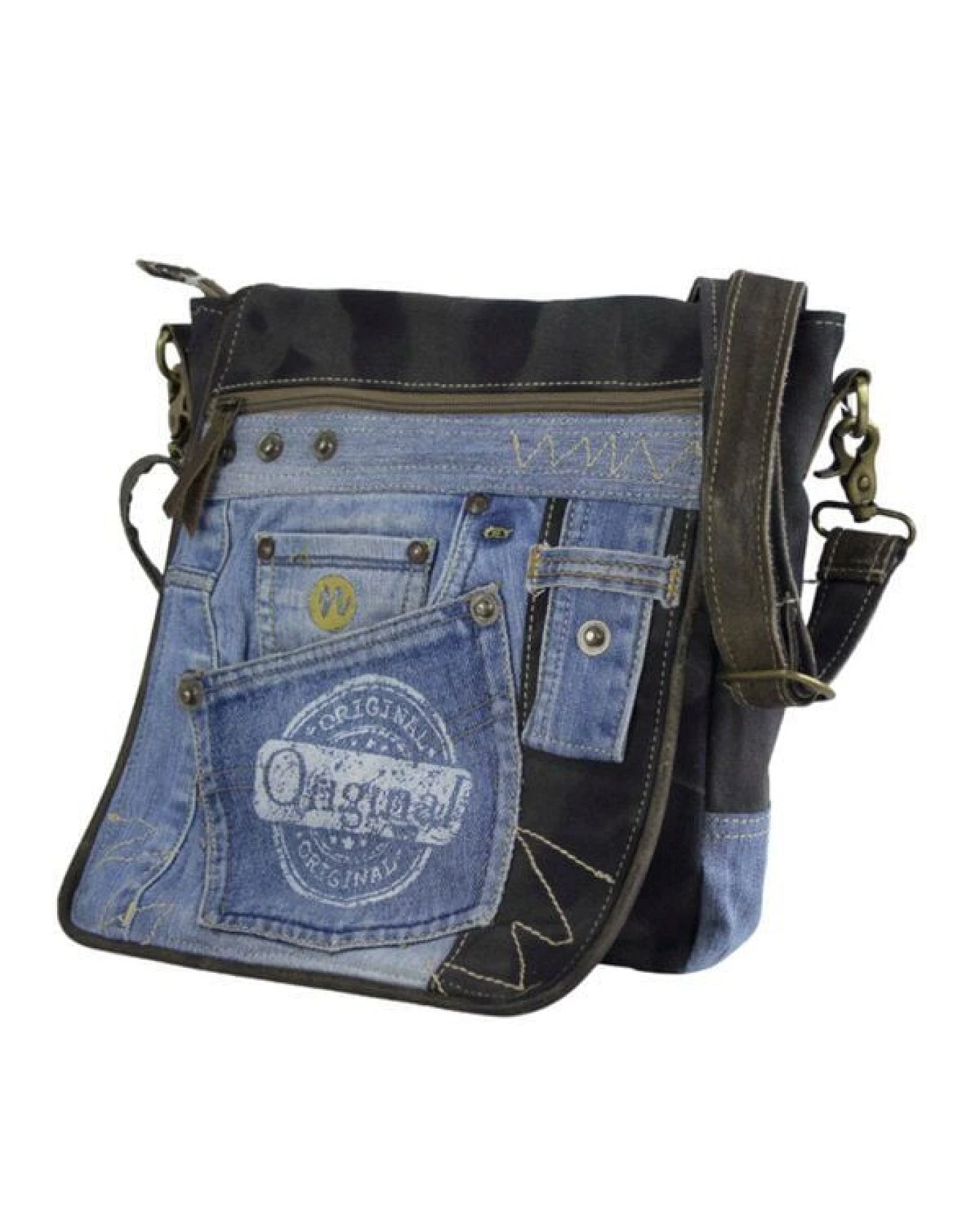 Sunsa Messenger Umhängetasche aus recycelter Jeans & schwarze Canvas. Nachhaltige Tasche – Ansicht 4