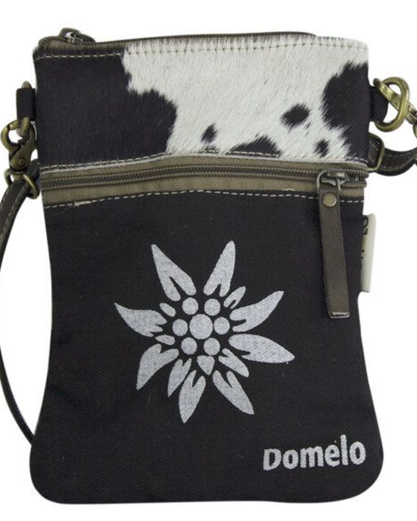 Domelo kleine Umhängetasche. Beidseitig tragbare Canvas/ Kuhfell Trachtentasche, Herz/Edelweis-Motiv – Ansicht 2