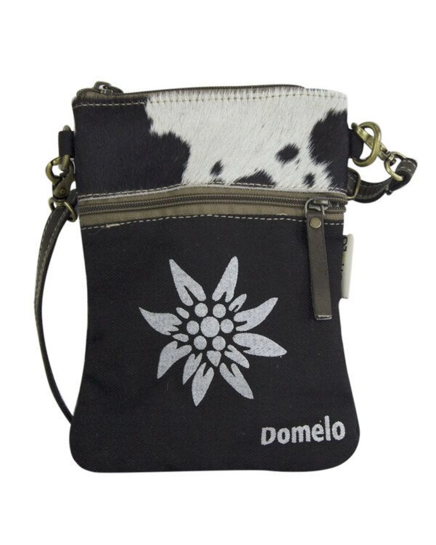 Domelo kleine Umhängetasche. Beidseitig tragbare Canvas/ Kuhfell Trachtentasche, Herz/Edelweis-Motiv – Ansicht 2