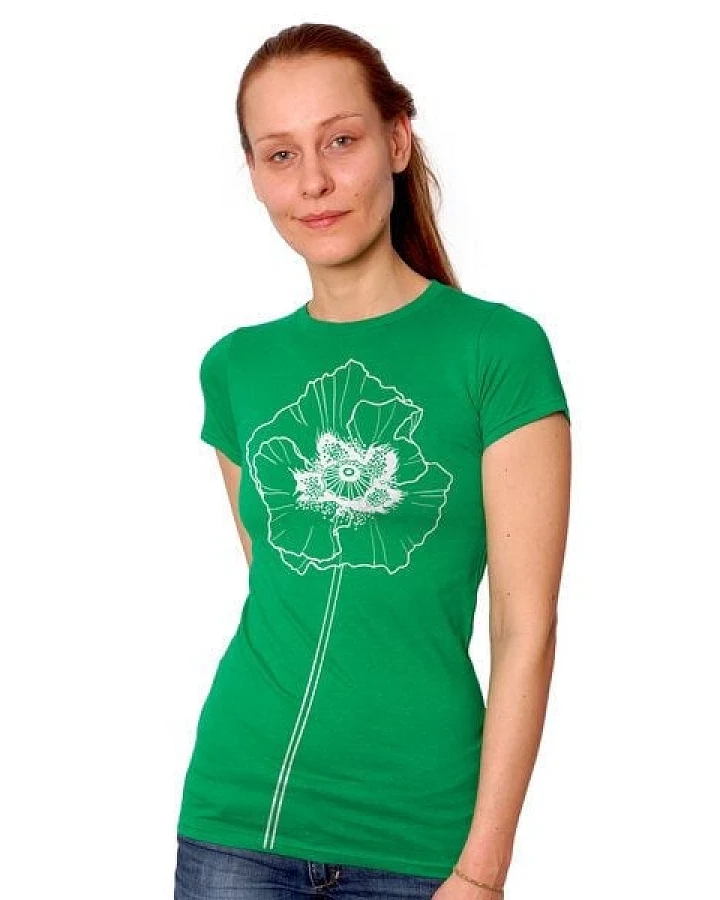 HANDGEDRUCKT "Mohnblume" Frauen-T-SHIRT von Earth Positiv Biobaumwolle