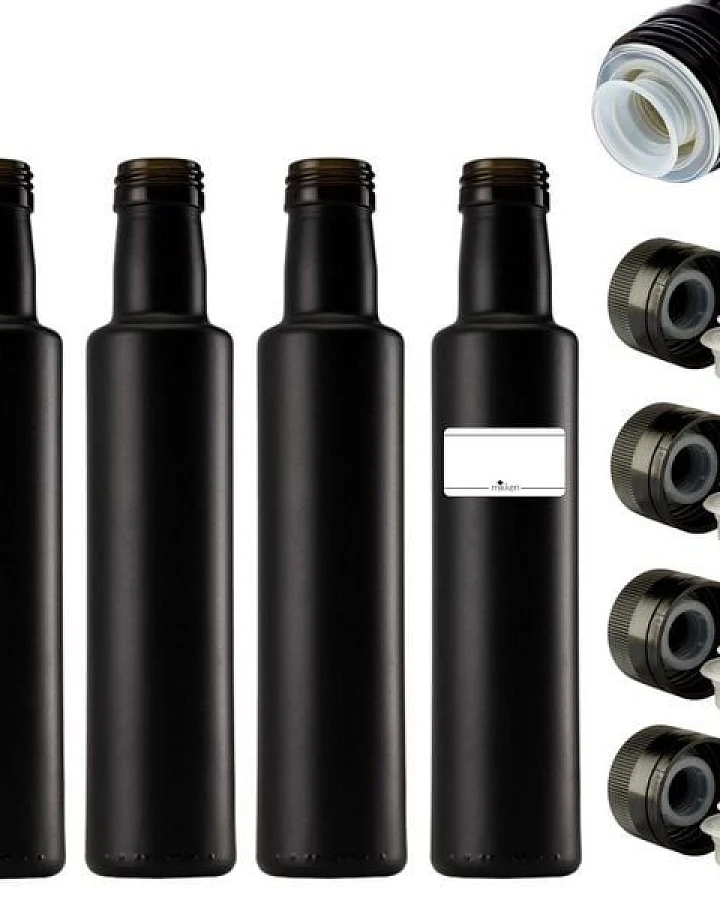 mikken Ölflaschen 250 ml mit Ausgießer matt schwarz runde Dosierflasche mit Etiketten