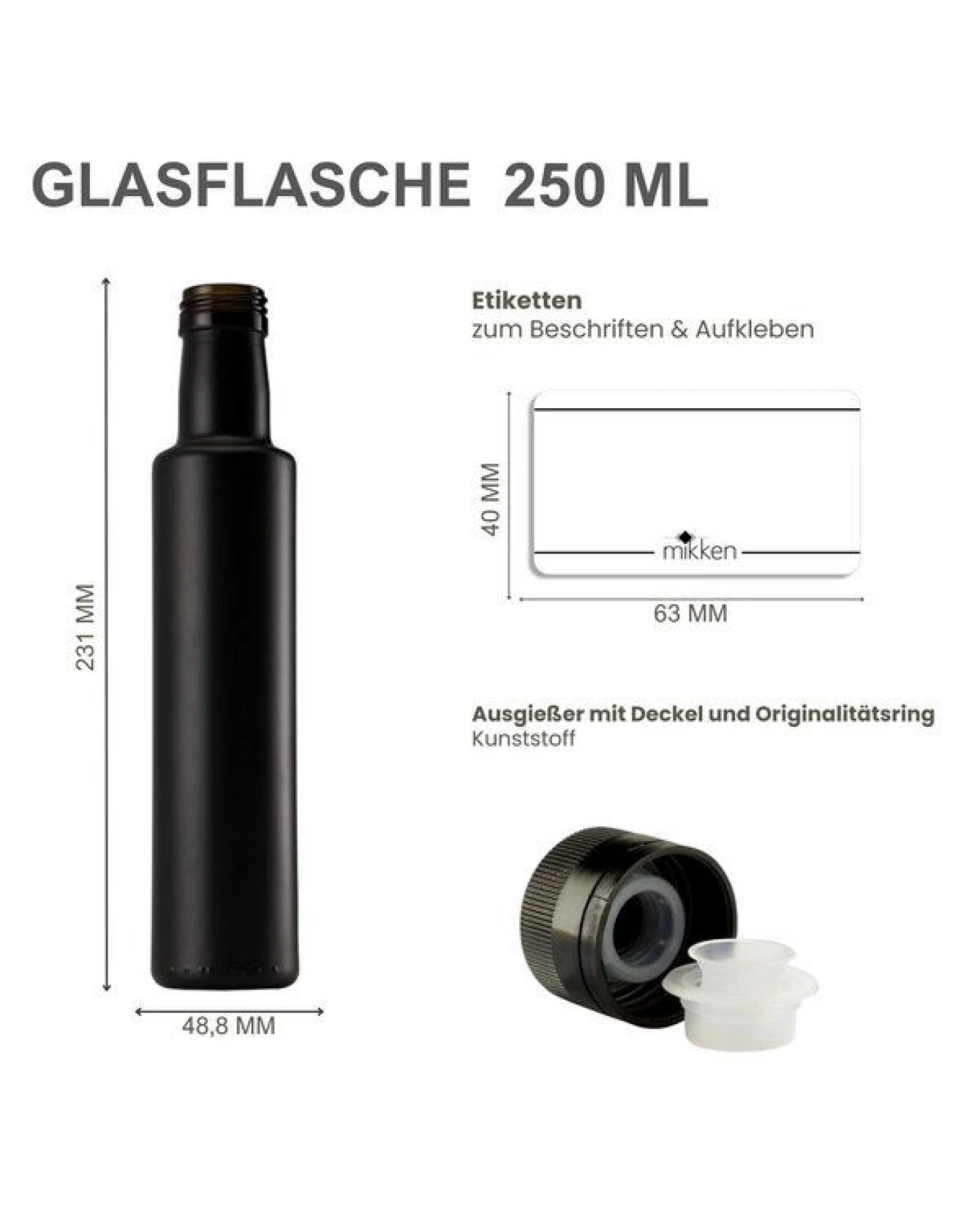 mikken Ölflaschen 250 ml mit Ausgießer matt schwarz runde Dosierflasche mit Etiketten – Ansicht 2