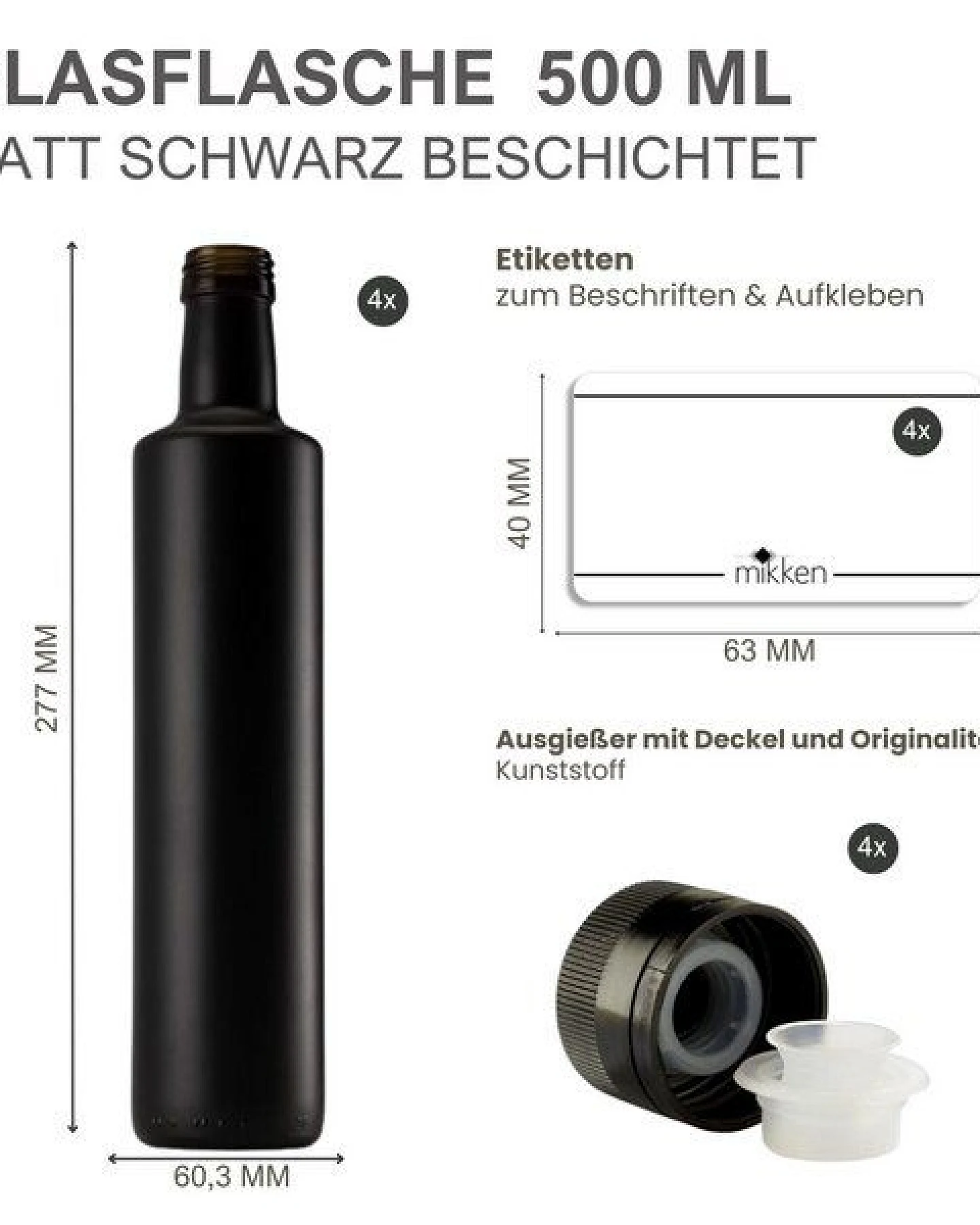 mikken Ölflaschen 500 ml mit Ausgießer matt schwarz runde Dosierflasche 0,5 L mit Etiketten – Ansicht 2