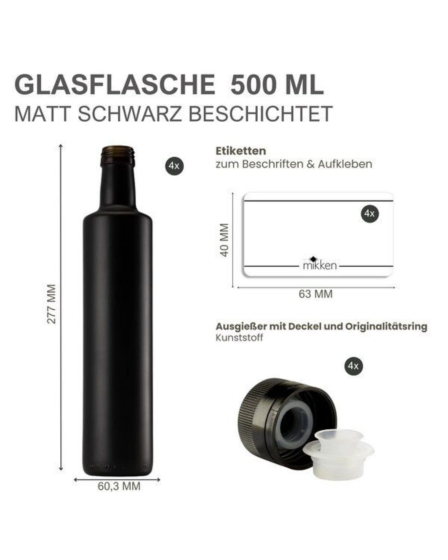 mikken Ölflaschen 500 ml mit Ausgießer matt schwarz runde Dosierflasche 0,5 L mit Etiketten – Ansicht 2