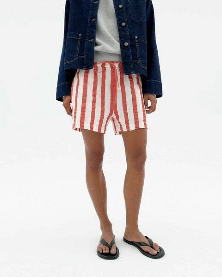 thinking mu Geranio Shorts - Red Maxi Stripes - Damen Shorts aus Bio-Baumwolle