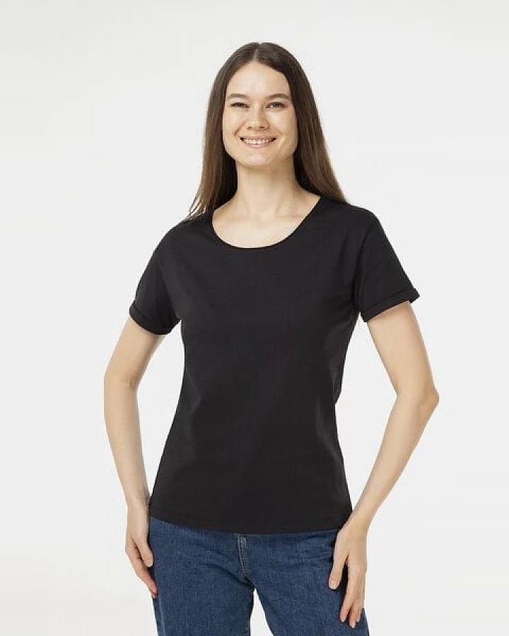 Evermind Damen T-Shirt mit umgeschlagenen Ärmeln