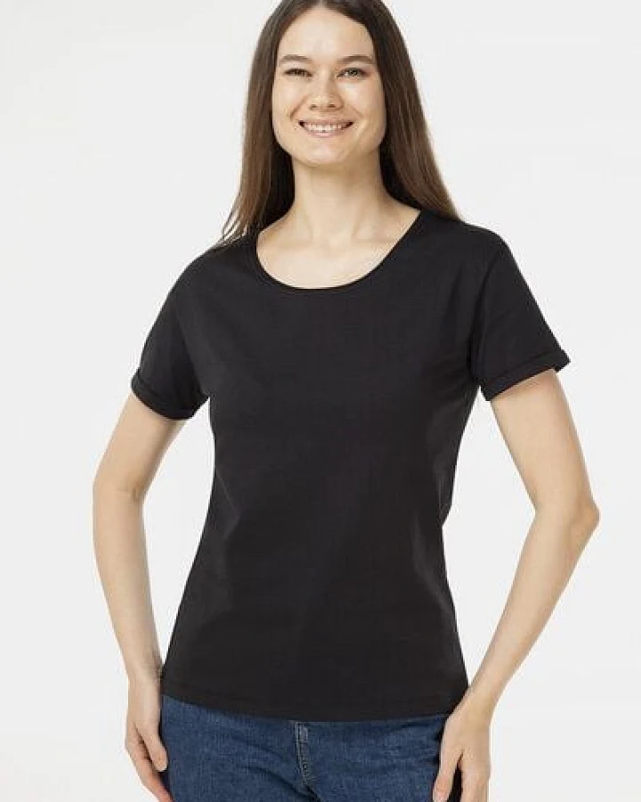 Evermind Damen T-Shirt mit umgeschlagenen Ärmeln