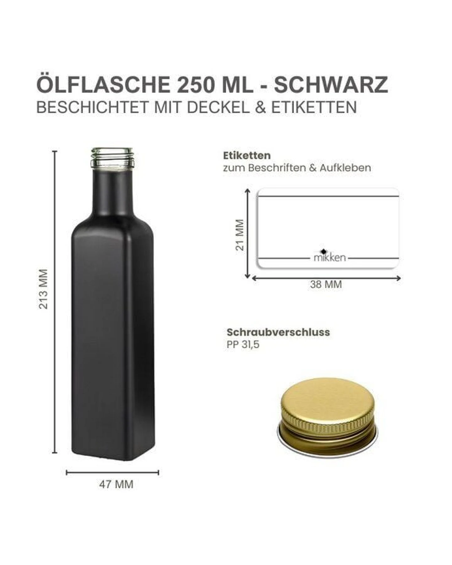 mikken Ölflaschen 250 ml matt schwarz mit Schraubdeckel + Etiketten – Ansicht 3