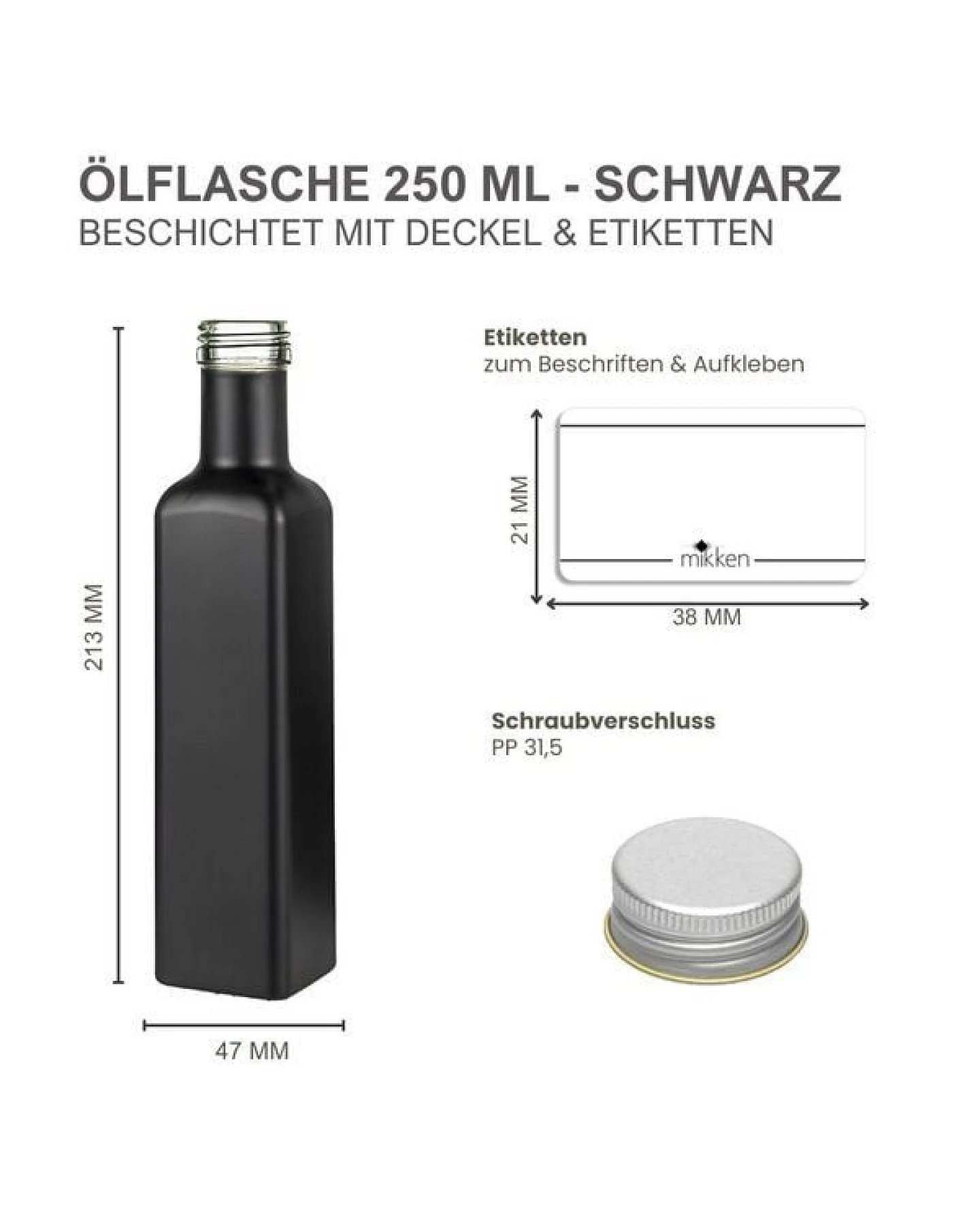 mikken Ölflaschen 250 ml matt schwarz mit Schraubdeckel + Etiketten – Ansicht 3