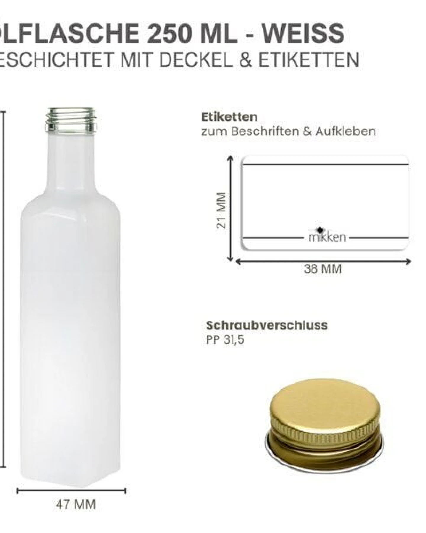 mikken Ölflaschen 250 ml weiß mit Schraubdeckel + Etiketten – Ansicht 3