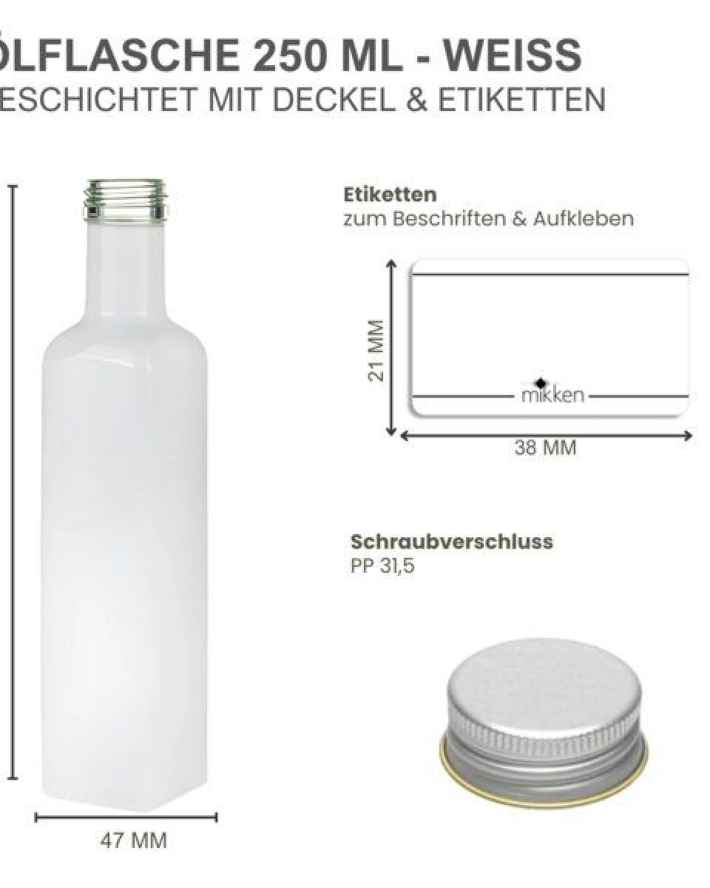 mikken Ölflaschen 250 ml weiß mit Schraubdeckel + Etiketten – Ansicht 3