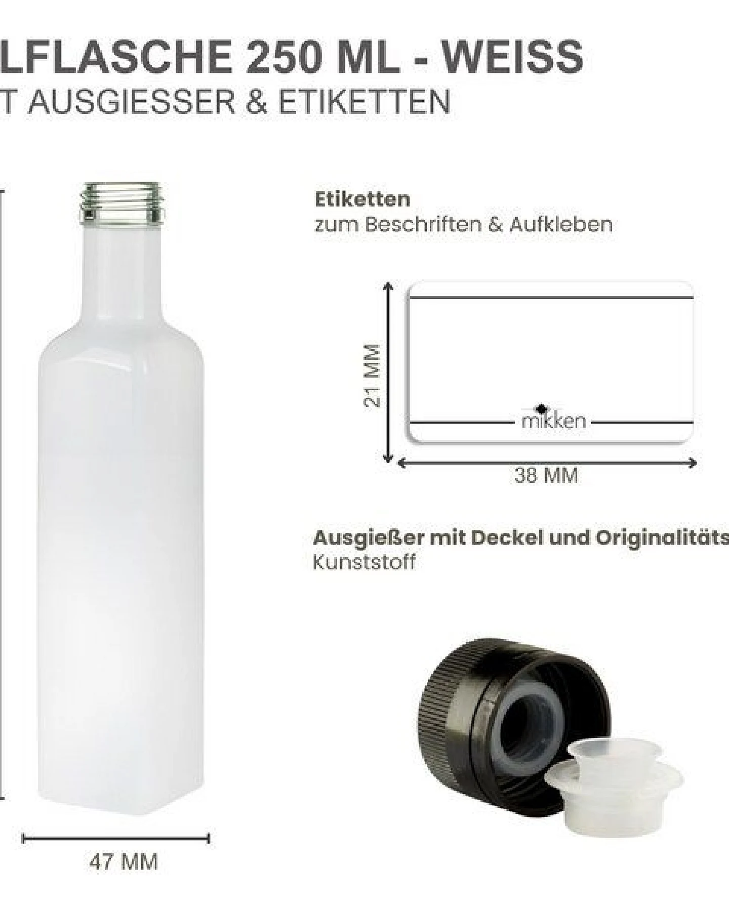 mikken Ölflaschen 250 ml weiß mit Ausgießer und Schraubdeckel + Etiketten – Ansicht 3