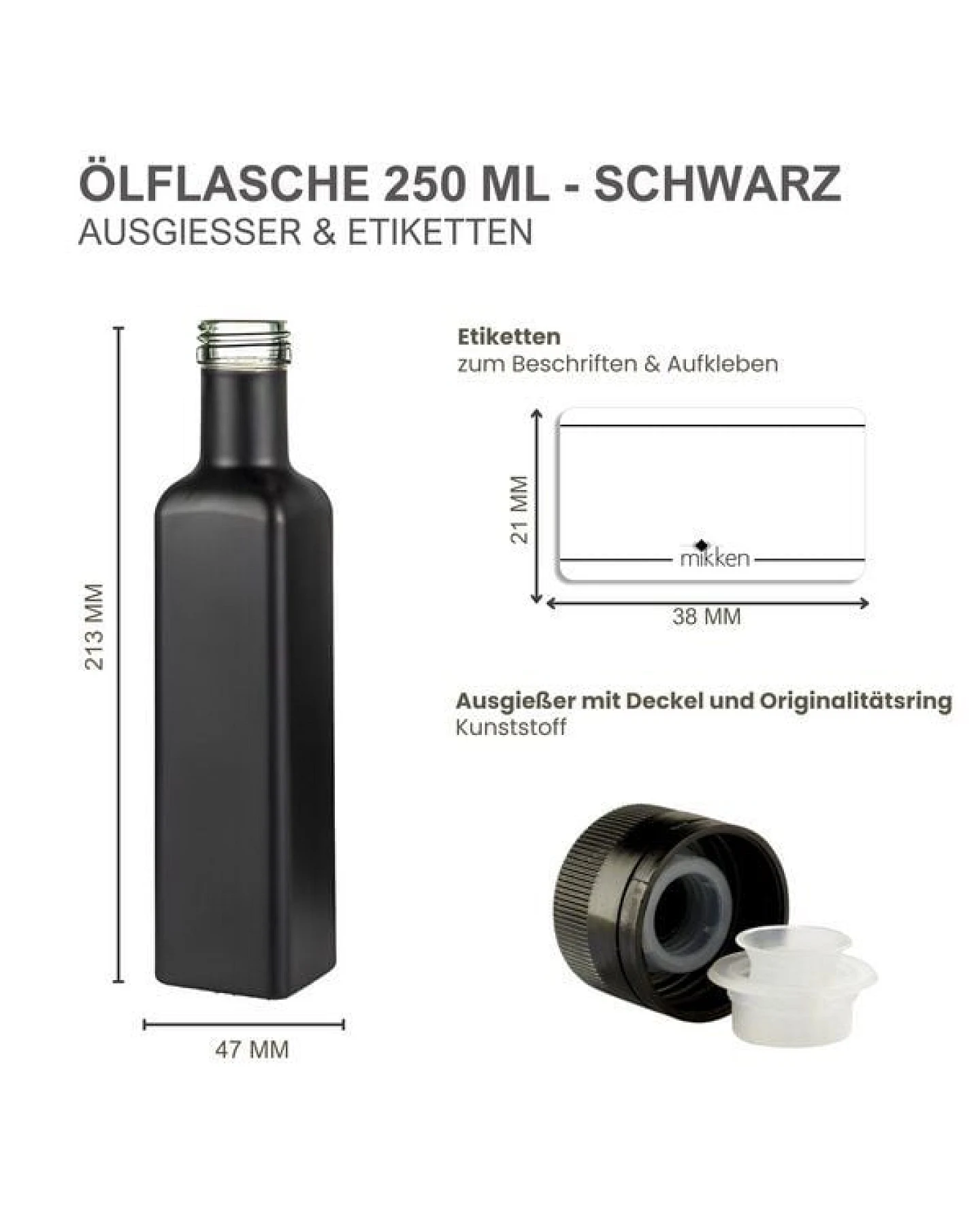 mikken Ölflaschen 250 ml schwarz mit Ausgießer und Schraubdeckel + Etiketten – Ansicht 3