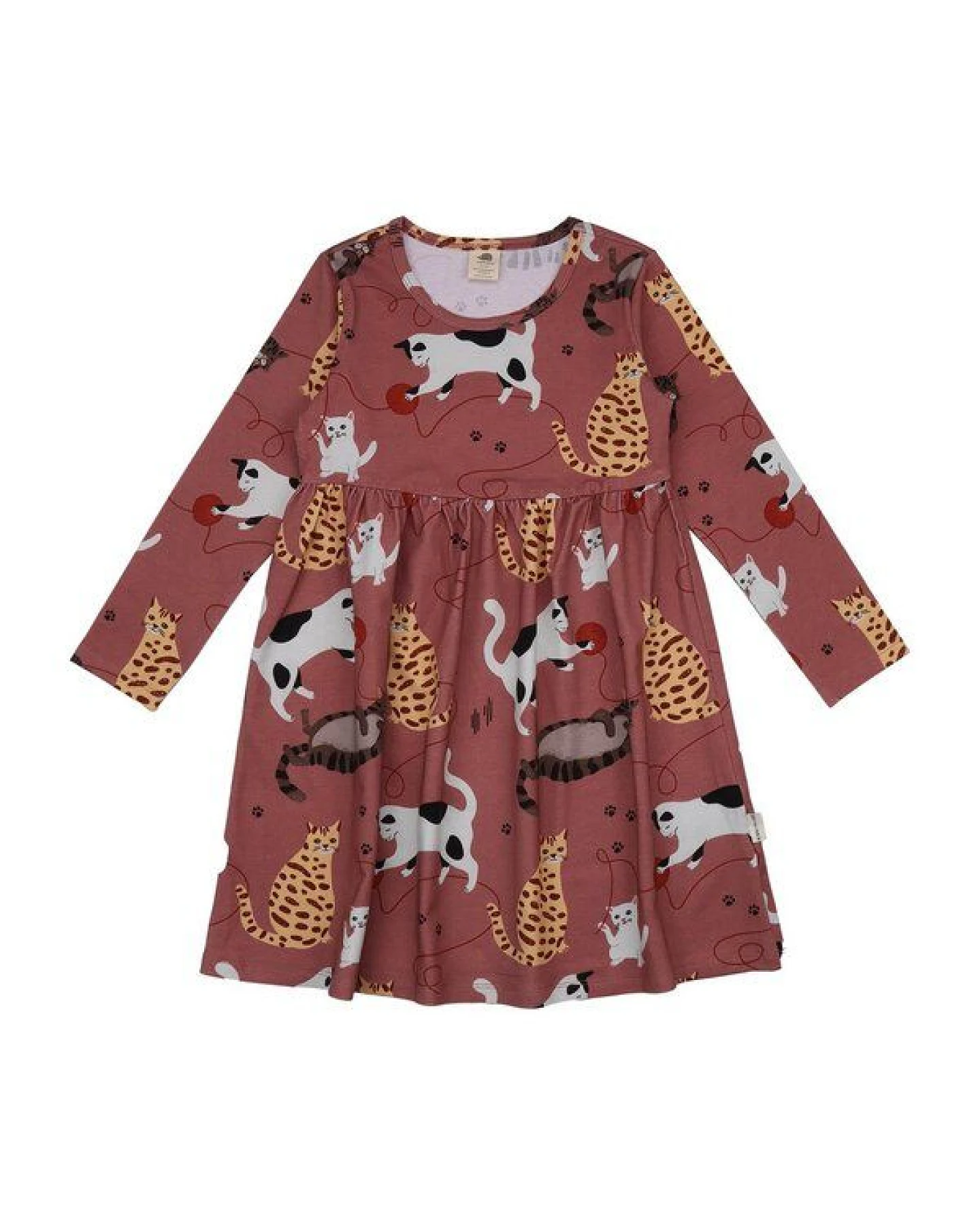 Kinderkleid GOTS zertifiziert – 95% Bio-Baumwolle, Katzenmotiv, Langarm, Rosa – Ansicht 2