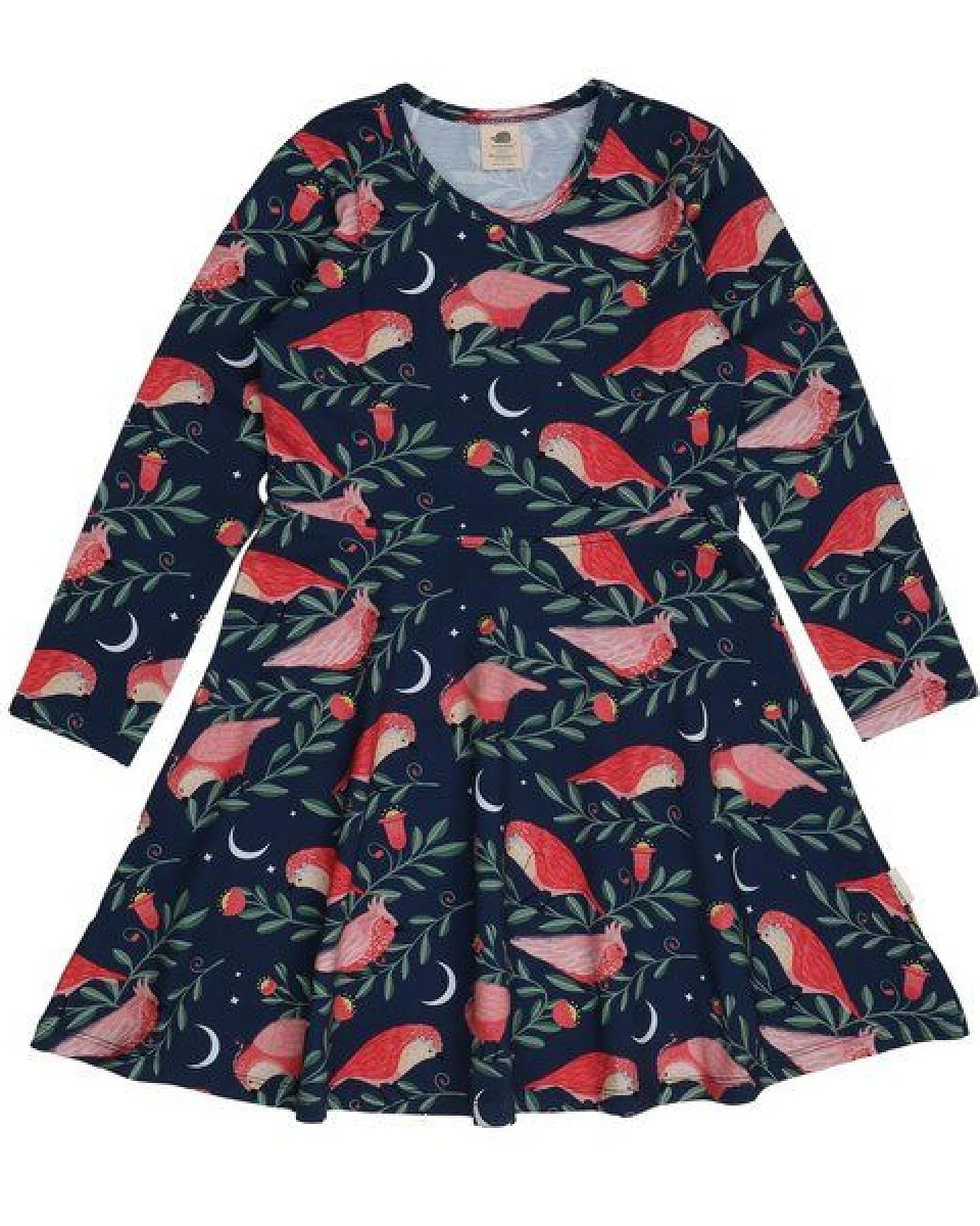 Langarmkleid Dunkelblau Rosa Vögel-Allover Bio-Baumwolle GOTS – Walkiddy – Ansicht 2
