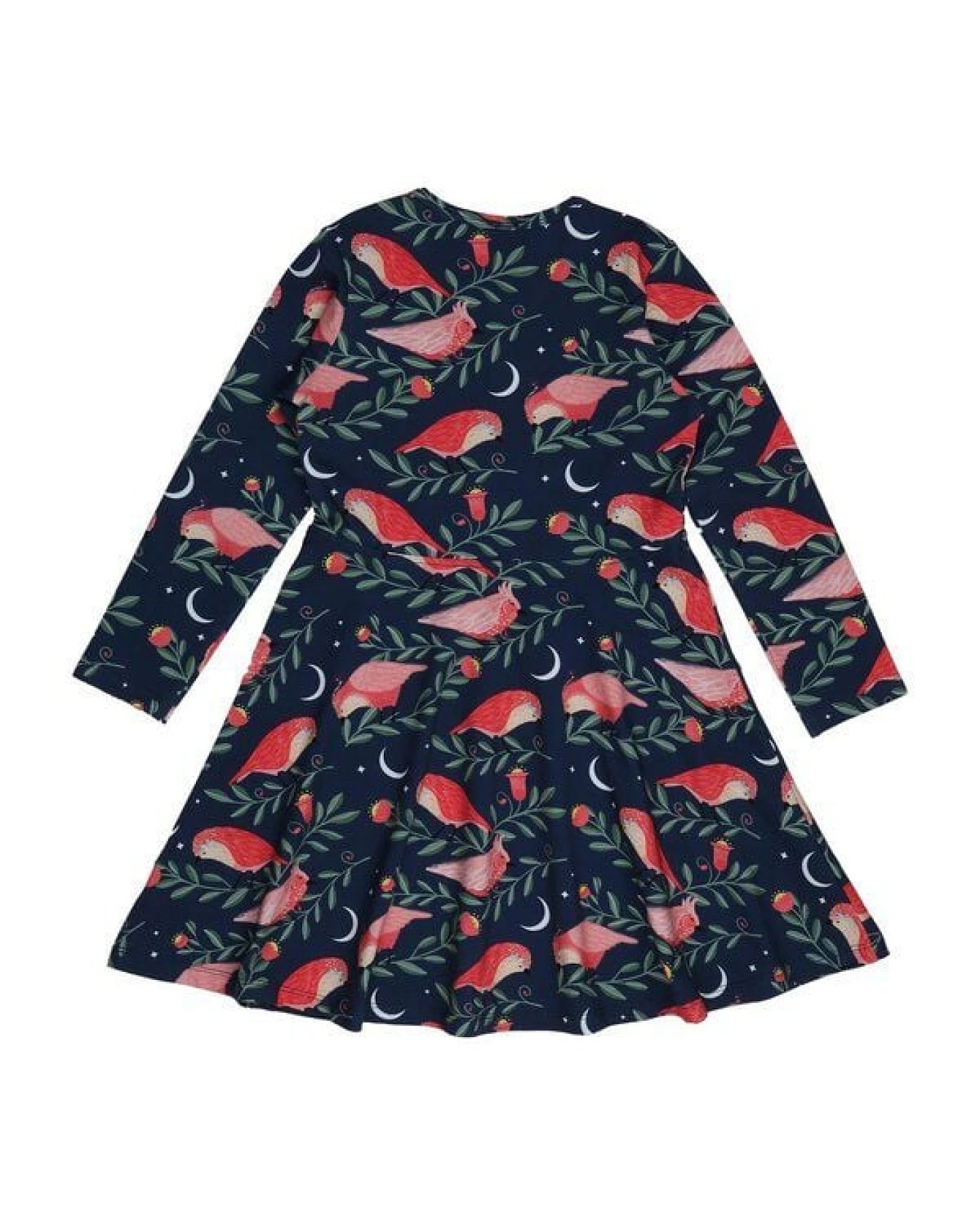 Langarmkleid Dunkelblau Rosa Vögel-Allover Bio-Baumwolle GOTS – Walkiddy – Ansicht 4
