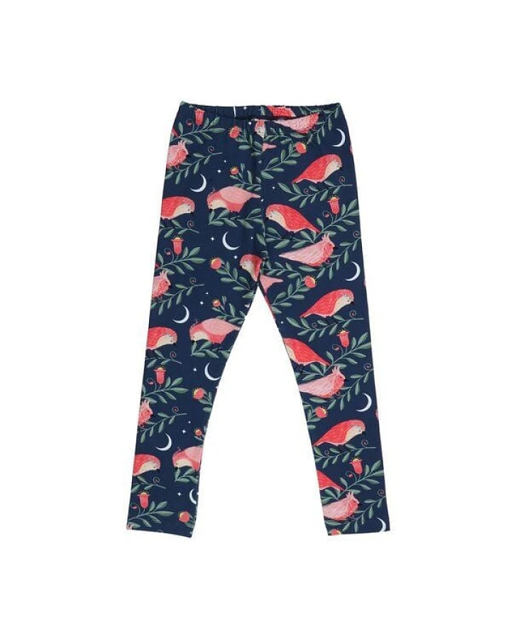 Kinder Leggings GOTS Bio-Baumwolle, Pinky Birds, dunkelblau mit Vogelprint, elastischer Bund – Walkiddy, weich & bequem für Alltag und Kita