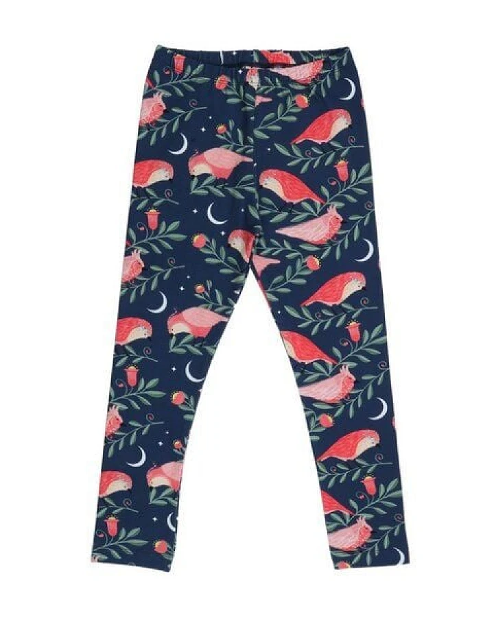 Kinder Leggings GOTS Bio-Baumwolle, Pinky Birds, dunkelblau mit Vogelprint, elastischer Bund – Walkiddy, weich & bequem für Alltag und Kita