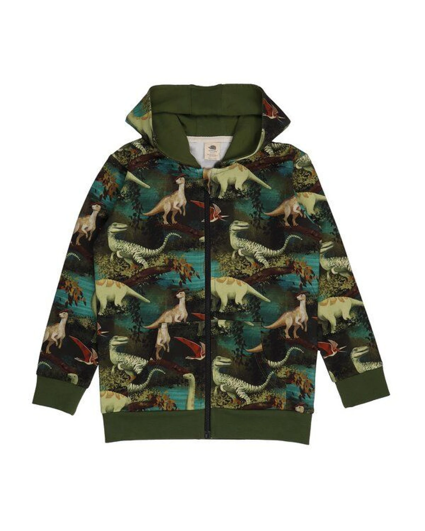 Kinder Sweatjacke Dino-Print GOTS-zertifiziert aus Bio-Baumwolle, grün – Walkiddy, Kapuze & Reißverschluss, weicher Alltagsbegleiter – Ansicht 2