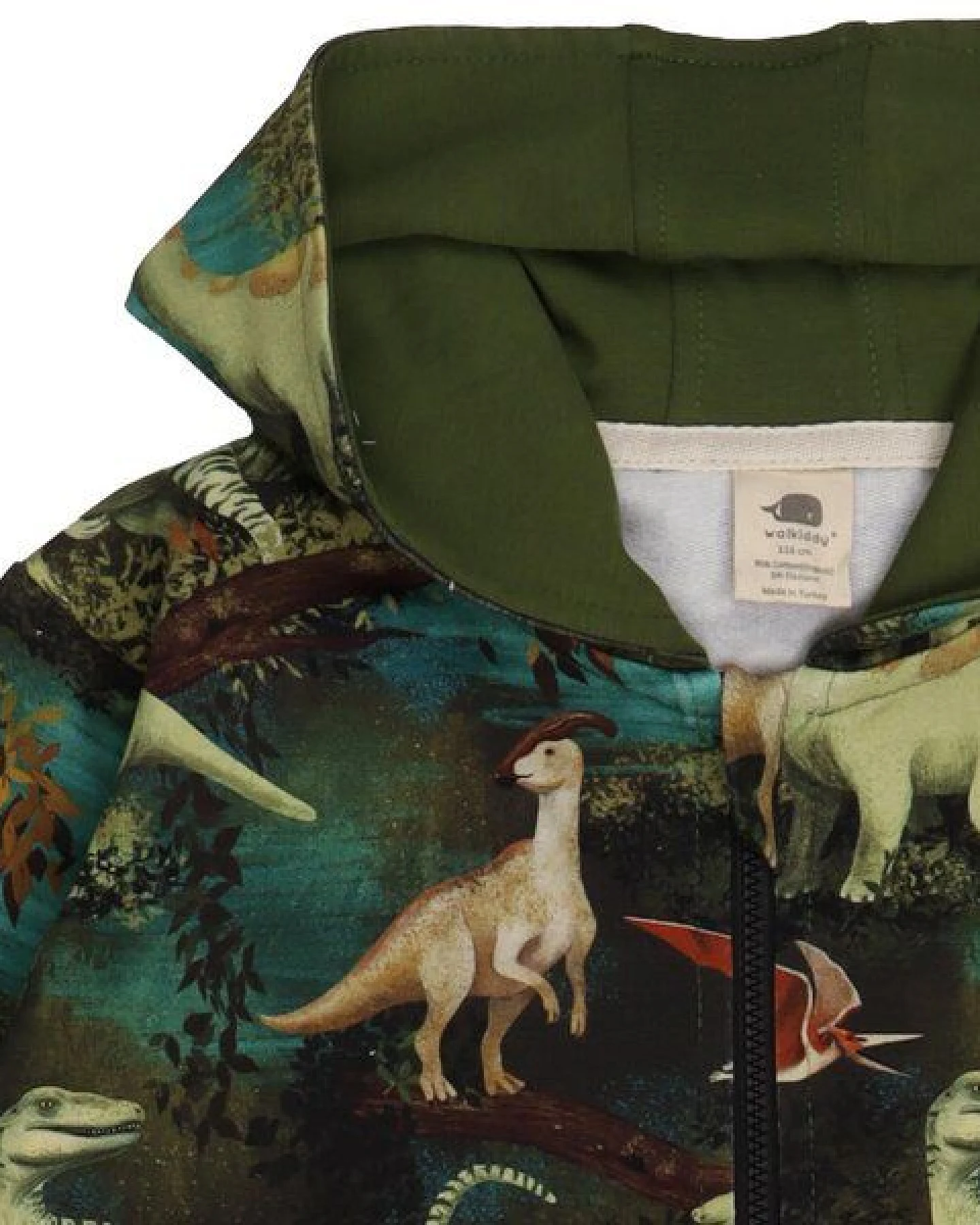 Kinder Sweatjacke Dino-Print GOTS-zertifiziert aus Bio-Baumwolle, grün – Walkiddy, Kapuze & Reißverschluss, weicher Alltagsbegleiter – Ansicht 3