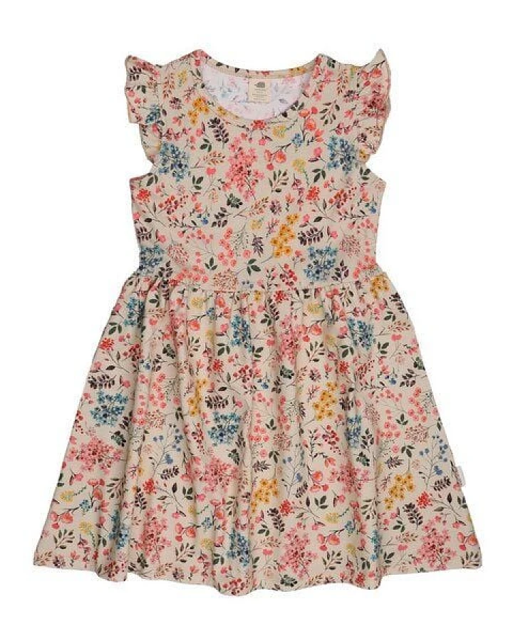 Kinderkleid GOTS zertifiziert, 95% Bio-Baumwolle, beige, Mini-Blumenmuster, leicht & bequem – Walkiddy