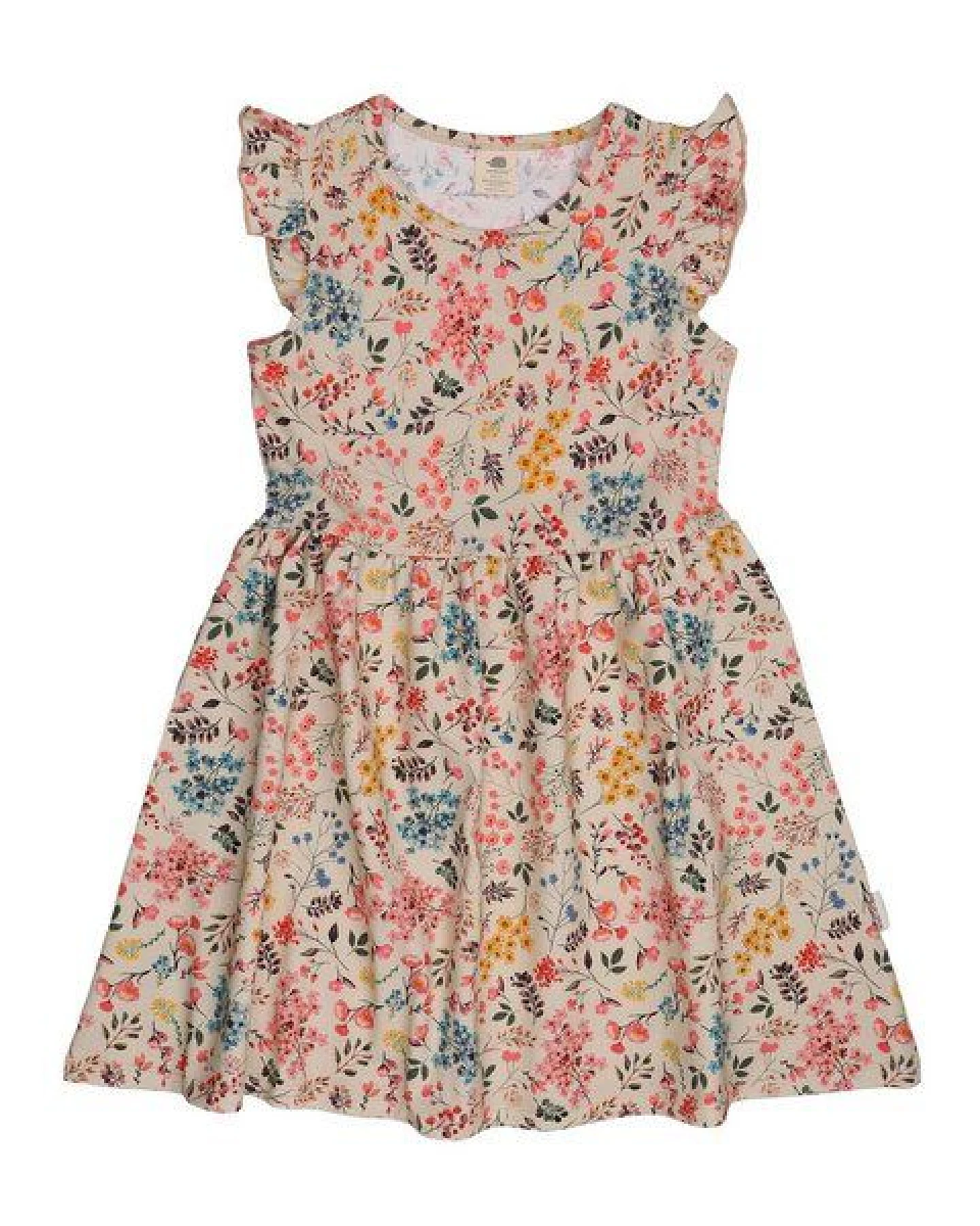 Kinderkleid GOTS zertifiziert, 95% Bio-Baumwolle, beige, Mini-Blumenmuster, leicht & bequem – Walkiddy – Ansicht 2
