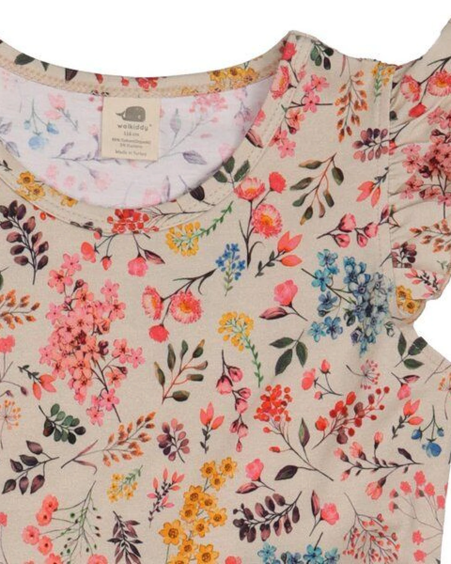 Kinderkleid GOTS zertifiziert, 95% Bio-Baumwolle, beige, Mini-Blumenmuster, leicht & bequem – Walkiddy – Ansicht 3