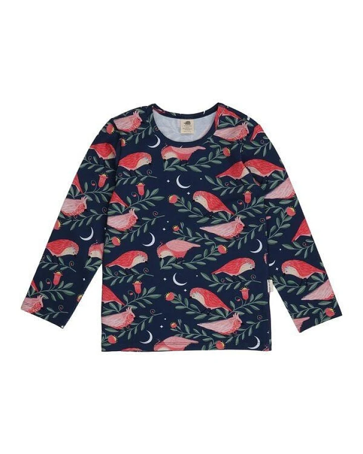 Kinder Langarmshirt GOTS-zertifiziert aus Bio-Baumwolle, dunkelblau mit pinken Vögeln – Walkiddy, weich & alltagstauglich