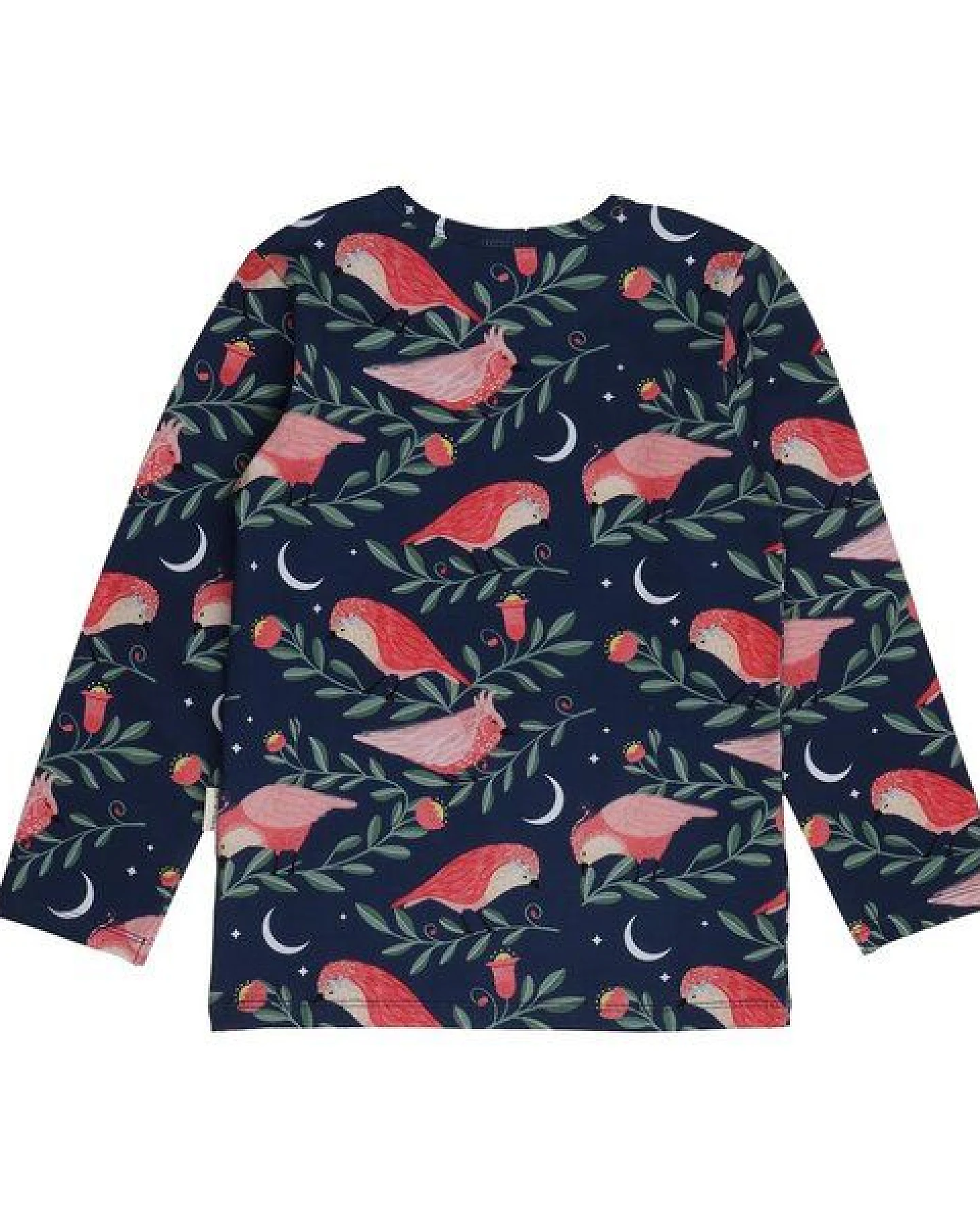 Kinder Langarmshirt GOTS-zertifiziert aus Bio-Baumwolle, dunkelblau mit pinken Vögeln – Walkiddy, weich & alltagstauglich – Ansicht 4