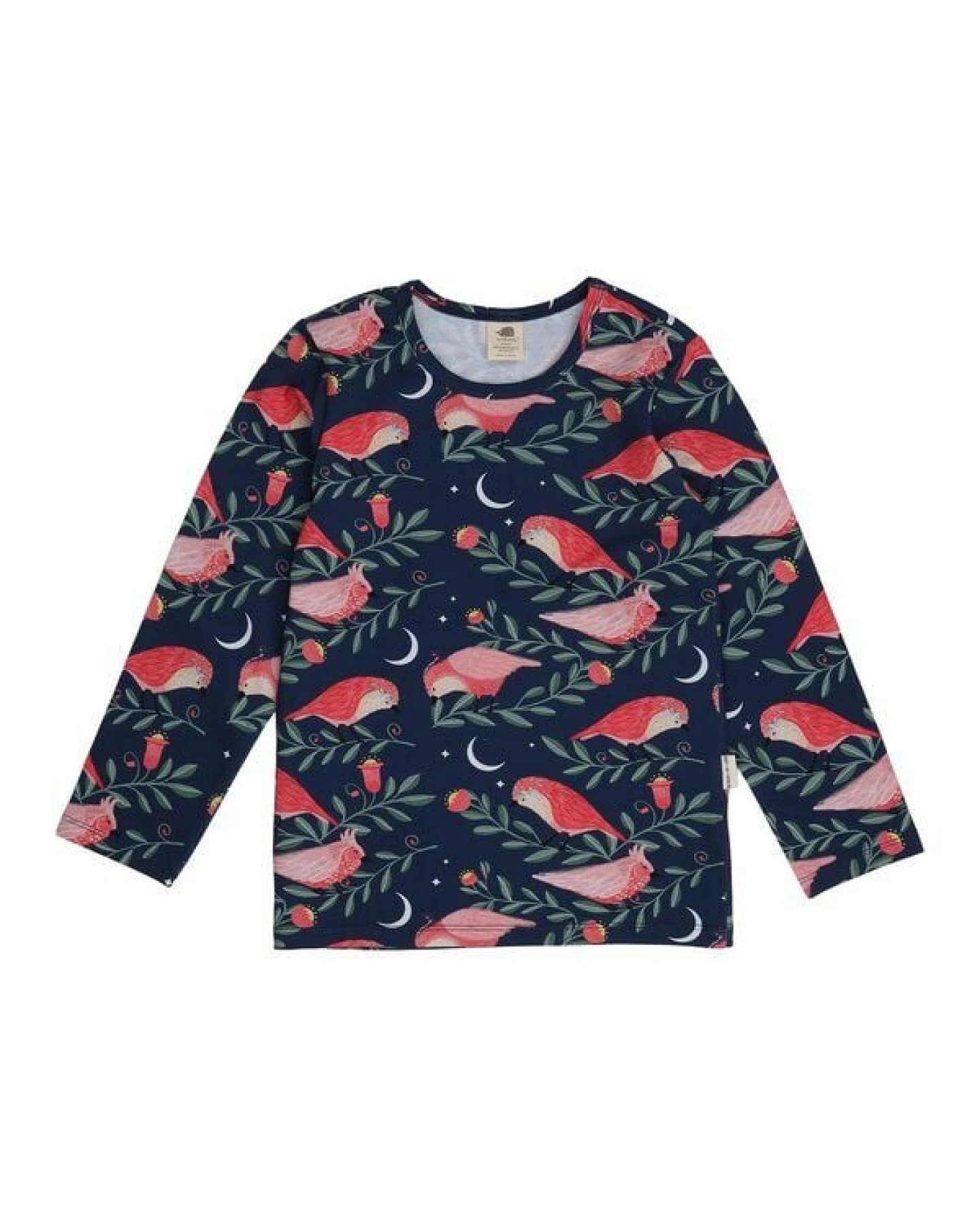 Kinder Langarmshirt GOTS-zertifiziert aus Bio-Baumwolle, dunkelblau mit pinken Vögeln – Walkiddy, weich & alltagstauglich – Ansicht 2