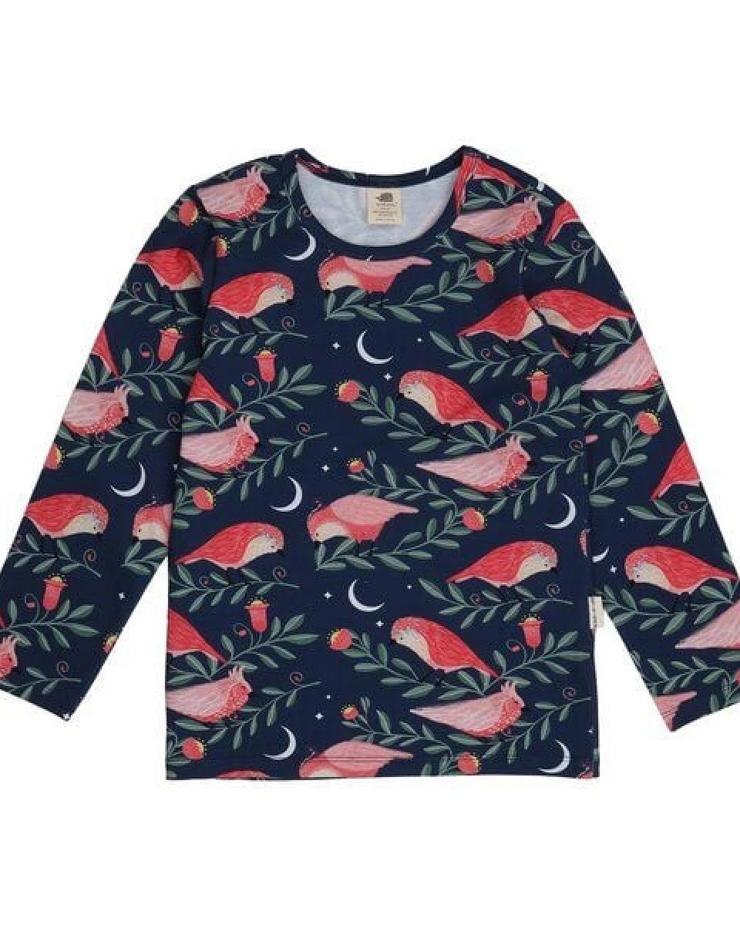 Kinder Langarmshirt GOTS-zertifiziert aus Bio-Baumwolle, dunkelblau mit pinken Vögeln – Walkiddy, weich & alltagstauglich – Ansicht 2