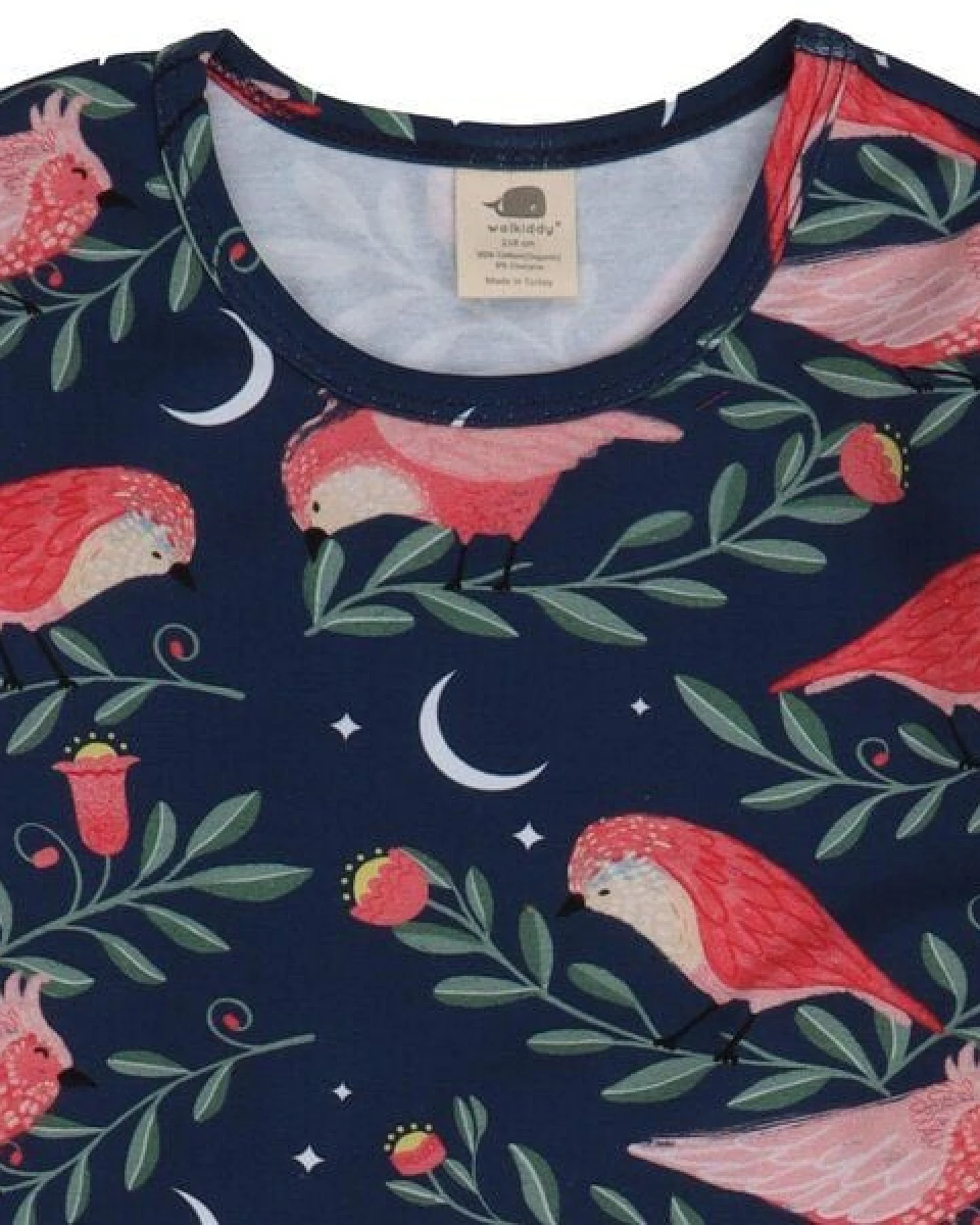 Kinder Langarmshirt GOTS-zertifiziert aus Bio-Baumwolle, dunkelblau mit pinken Vögeln – Walkiddy, weich & alltagstauglich – Ansicht 3