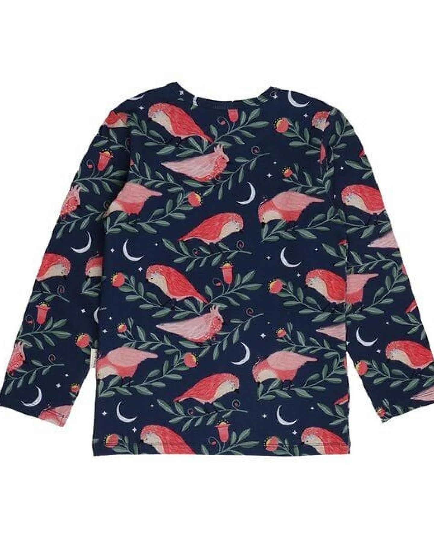 Kinder Langarmshirt GOTS-zertifiziert aus Bio-Baumwolle, dunkelblau mit pinken Vögeln – Walkiddy, weich & alltagstauglich – Ansicht 4