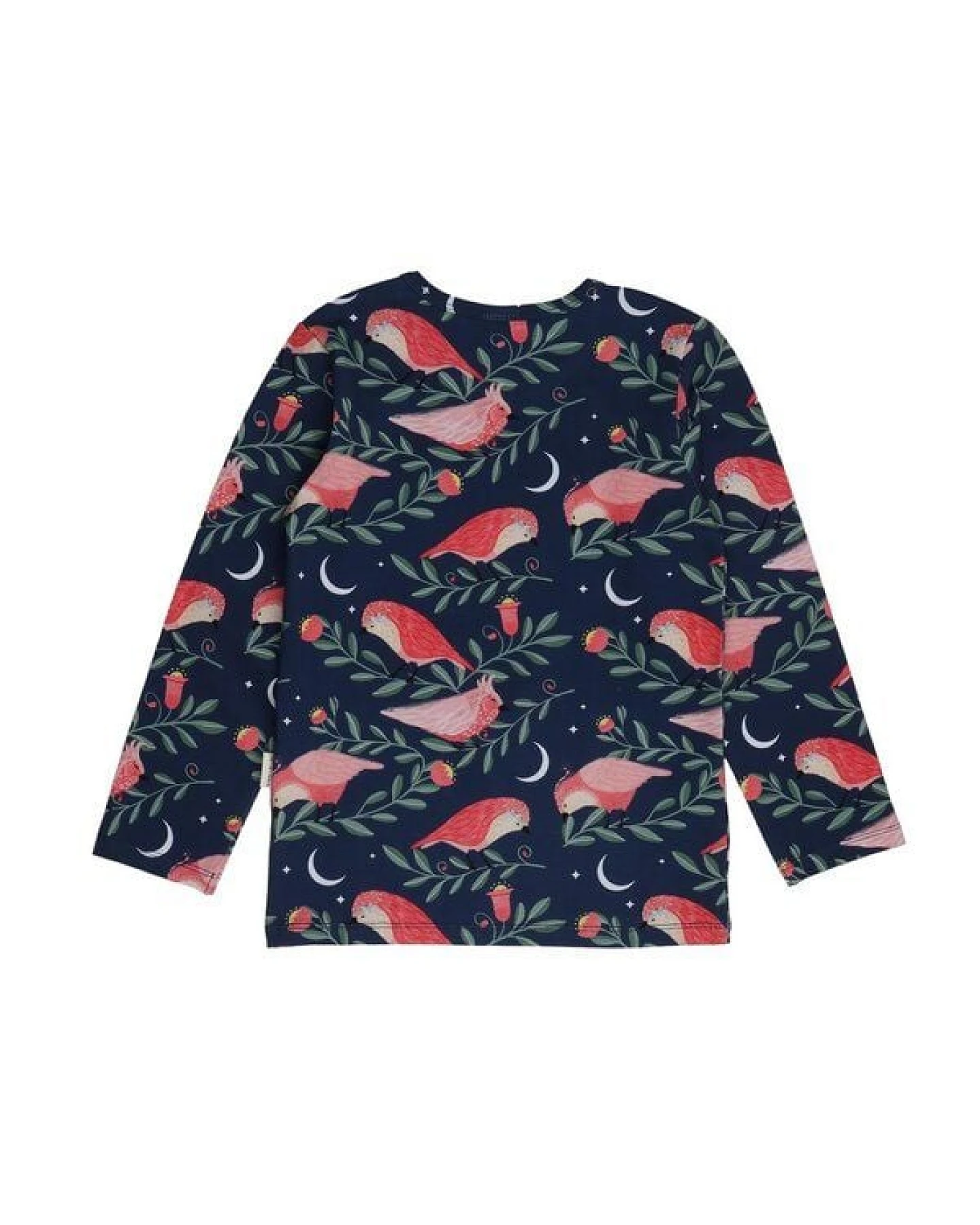Kinder Langarmshirt GOTS-zertifiziert aus Bio-Baumwolle, dunkelblau mit pinken Vögeln – Walkiddy, weich & alltagstauglich – Ansicht 4