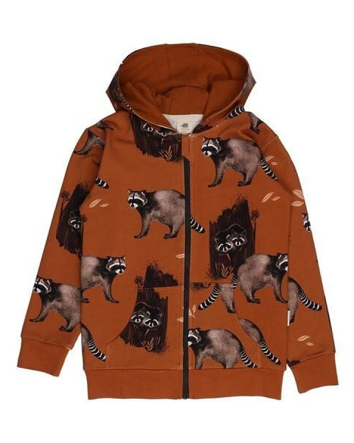 Kinder Sweatjacke GOTS zertifiziert, braun, Waschbär-Allover „Curious Raccoons“, Kapuze, Reißverschluss – Walkiddy