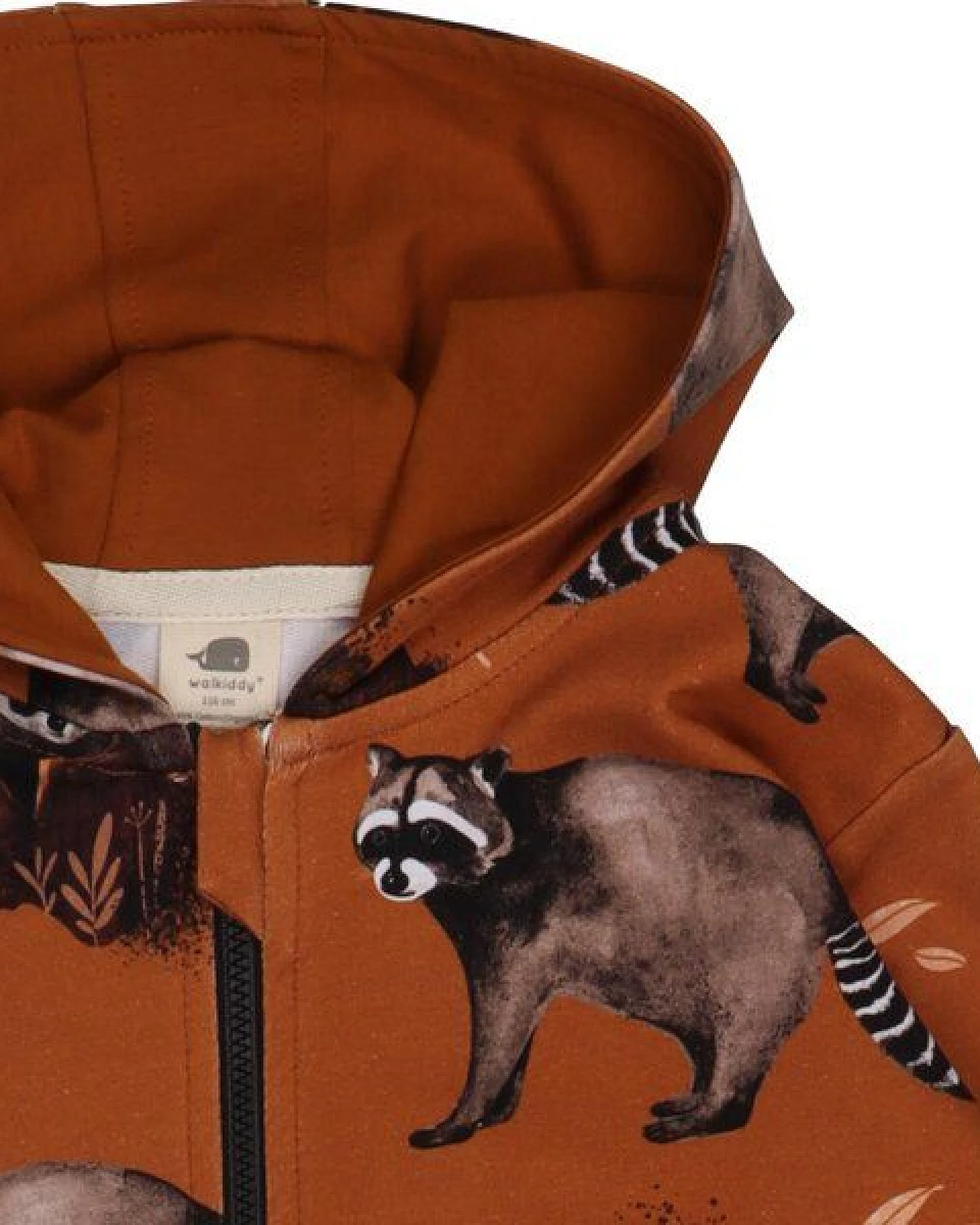 Kinder Sweatjacke GOTS zertifiziert, braun, Waschbär-Allover „Curious Raccoons“, Kapuze, Reißverschluss – Walkiddy – Ansicht 3