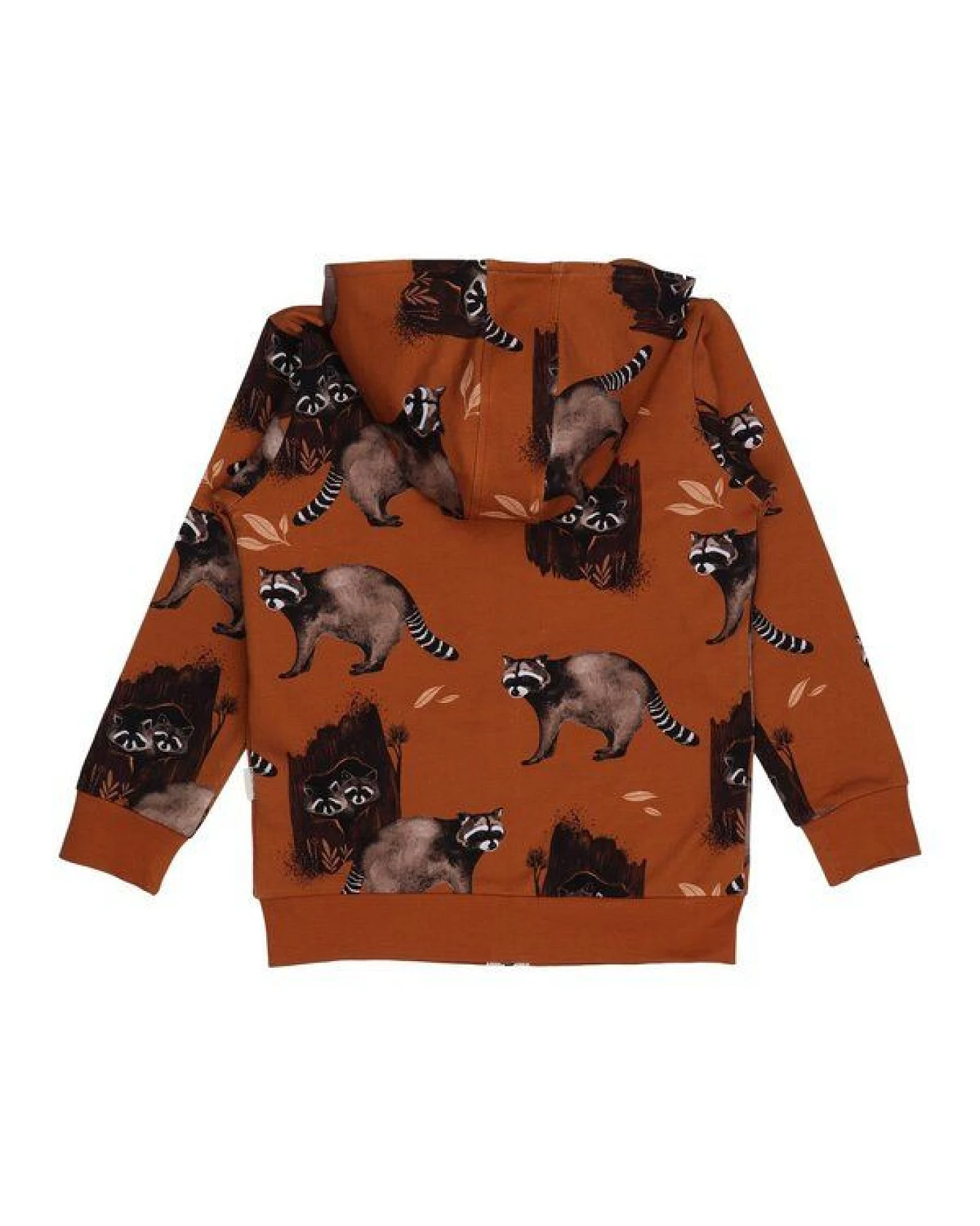 Kinder Sweatjacke GOTS zertifiziert, braun, Waschbär-Allover „Curious Raccoons“, Kapuze, Reißverschluss – Walkiddy – Ansicht 4