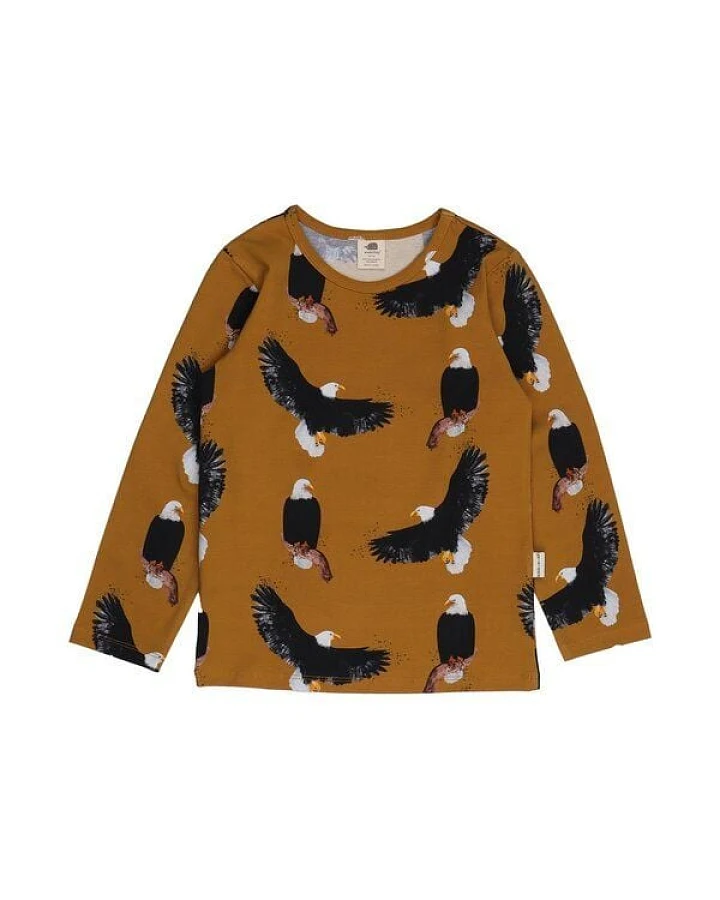 Kinder Langarmshirt GOTS zertifiziert, 95% Bio-Baumwolle, senf, Adler-Muster, weich & elastisch – Walkiddy