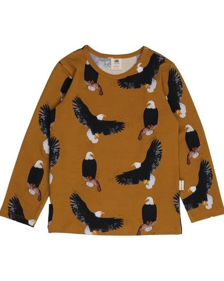 Kinder Langarmshirt GOTS zertifiziert, 95% Bio-Baumwolle, senf, Adler-Muster, weich & elastisch – Walkiddy