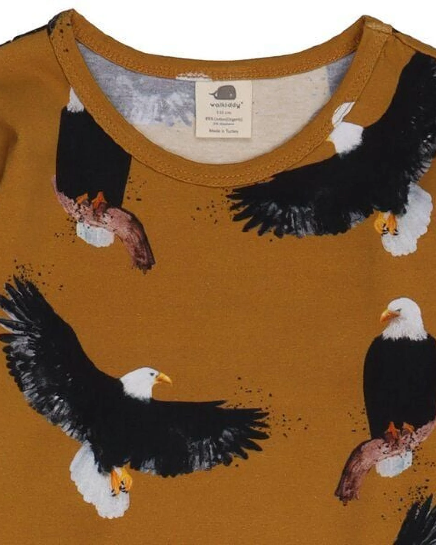 Kinder Langarmshirt GOTS zertifiziert, 95% Bio-Baumwolle, senf, Adler-Muster, weich & elastisch – Walkiddy – Ansicht 3