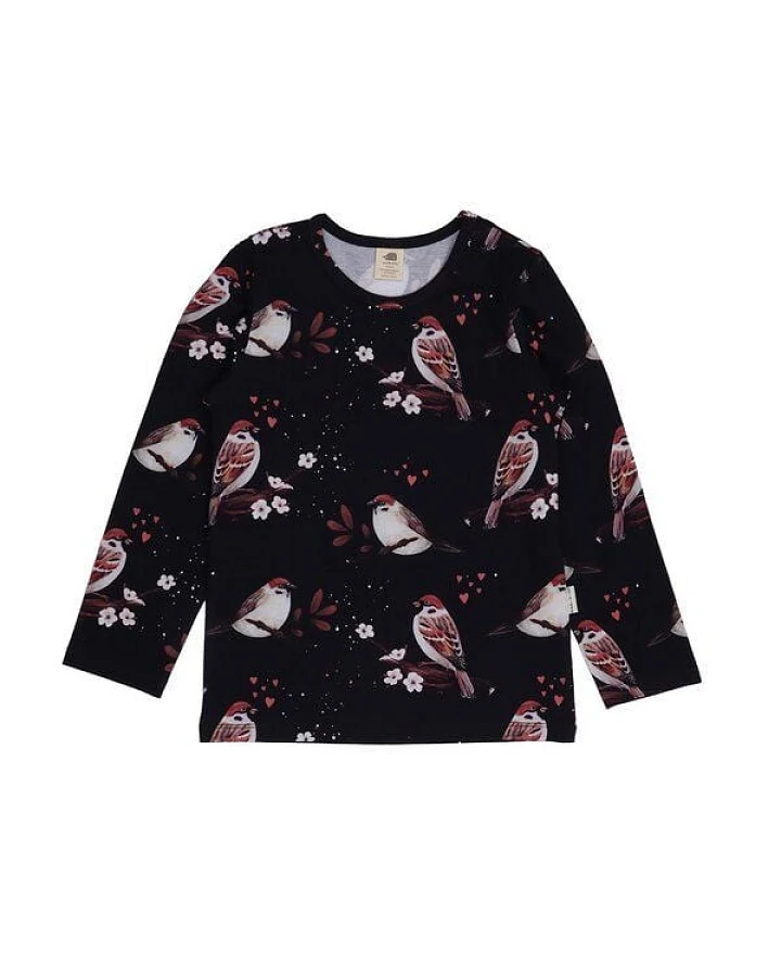 Kinder Langarmshirt GOTS-zertifiziert aus Bio-Baumwolle dunkelblau mit Spatzen-Motiv „Little Sparrows“ – Walkiddy