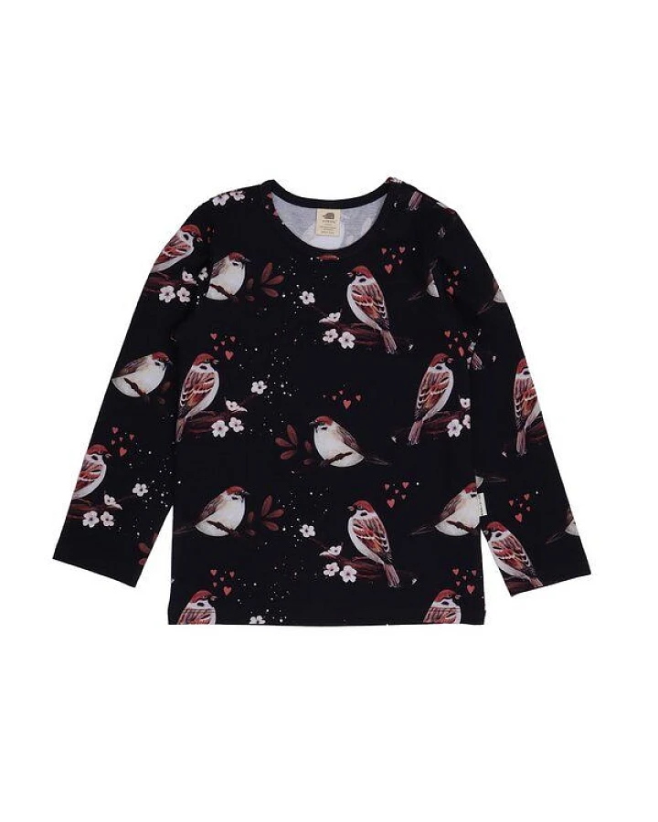 Kinder Langarmshirt GOTS-zertifiziert aus Bio-Baumwolle dunkelblau mit Spatzen-Motiv „Little Sparrows“ – Walkiddy