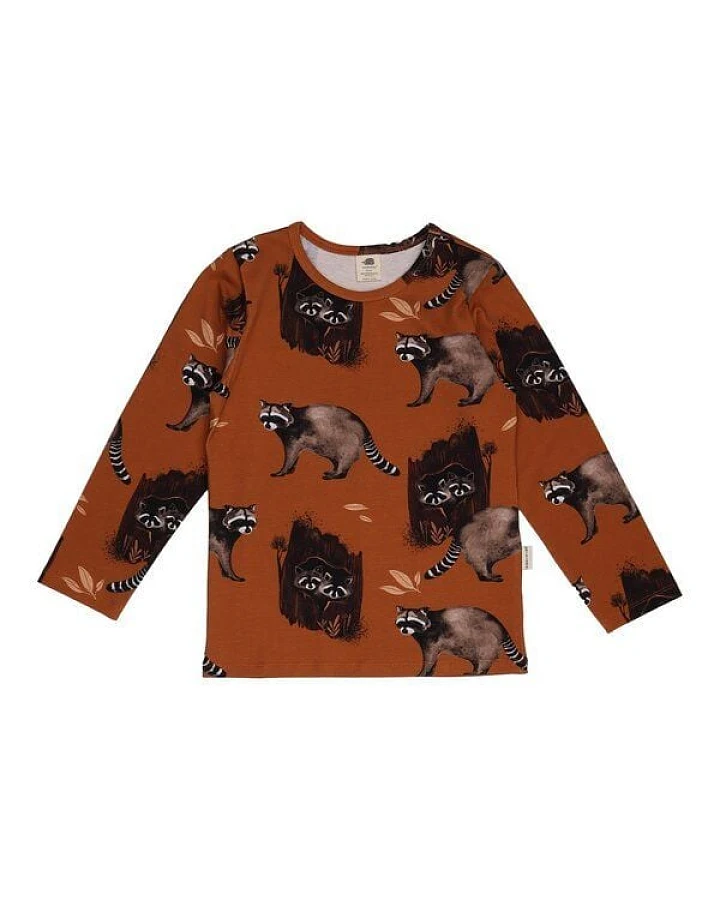 Kinder Langarmshirt GOTS zertifiziert, 95% Bio-Baumwolle, braun, Waschbär-Muster, weich & elastisch – Walkiddy