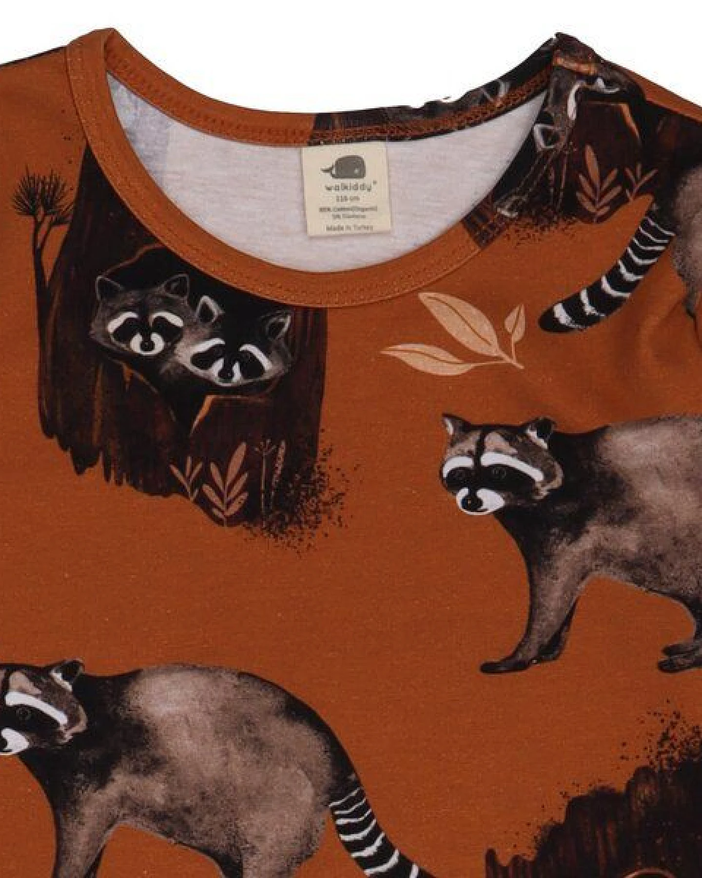 Kinder Langarmshirt GOTS zertifiziert, 95% Bio-Baumwolle, braun, Waschbär-Muster, weich & elastisch – Walkiddy – Ansicht 3