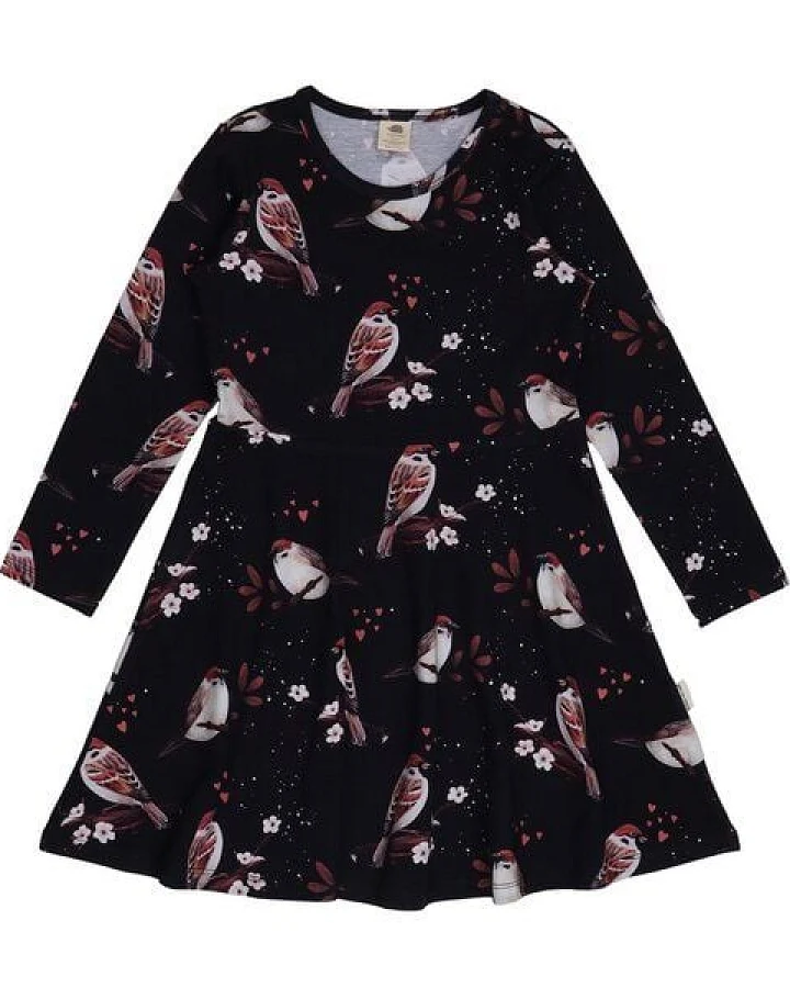 Langarmkleid Dunkelblau Spatzen-Allover Bio-Baumwolle GOTS – Walkiddy