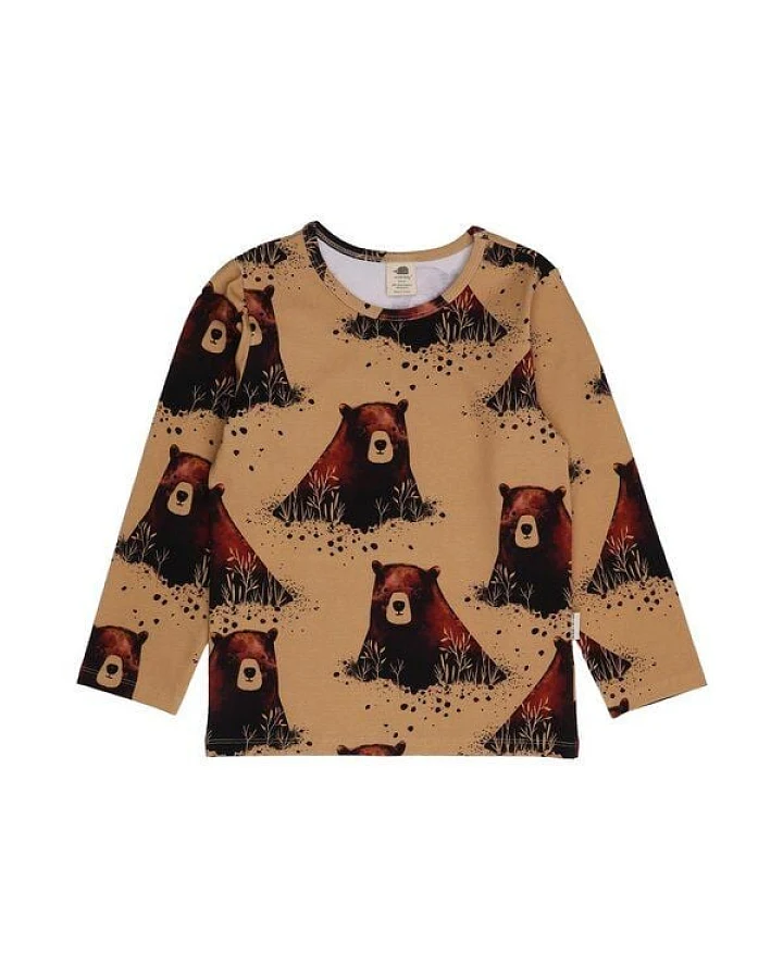 Kinder Langarmshirt GOTS zertifiziert, 95% Bio-Baumwolle, senf, Bären-Muster, weich & elastisch – Walkiddy