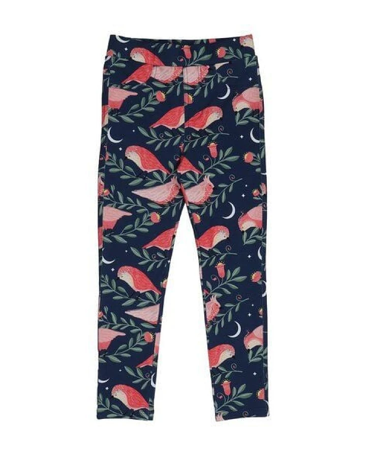 Kinder Leggings GOTS-zertifiziert aus Bio-Baumwolle, dunkelblau mit Pinky-Birds-Print, elastischer Bund – Walkiddy Sweat-Leggings