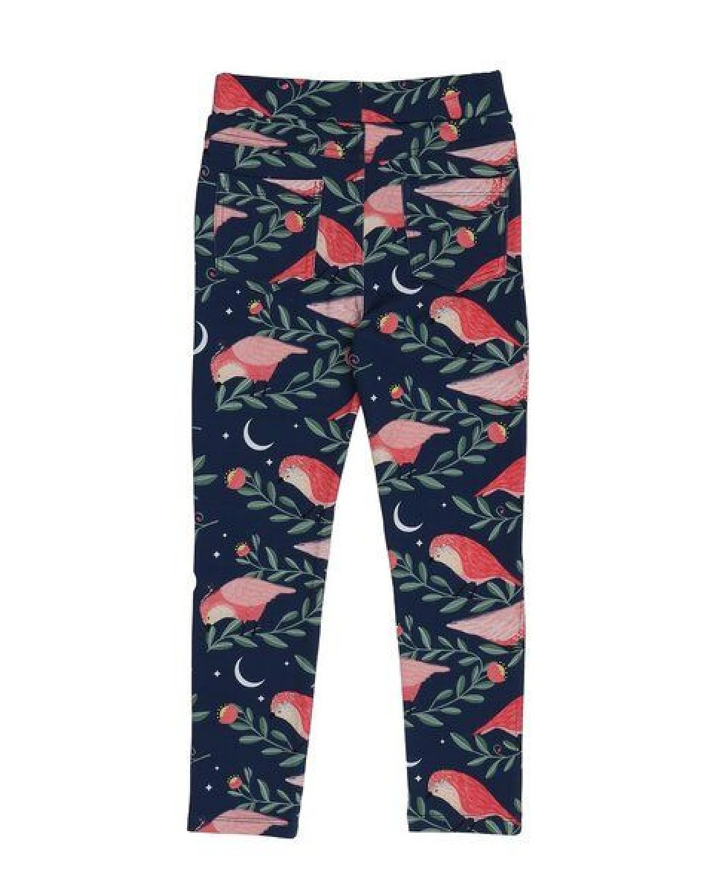 Kinder Leggings GOTS-zertifiziert aus Bio-Baumwolle, dunkelblau mit Pinky-Birds-Print, elastischer Bund – Walkiddy Sweat-Leggings – Ansicht 4