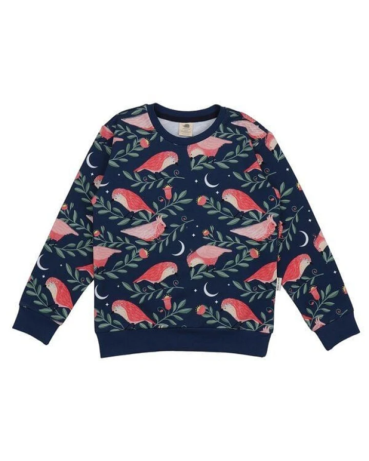 Kinder Sweatshirt GOTS zertifiziert – 95% Bio-Baumwolle, Dunkelblau mit Vogelmotiv, weich & bequem