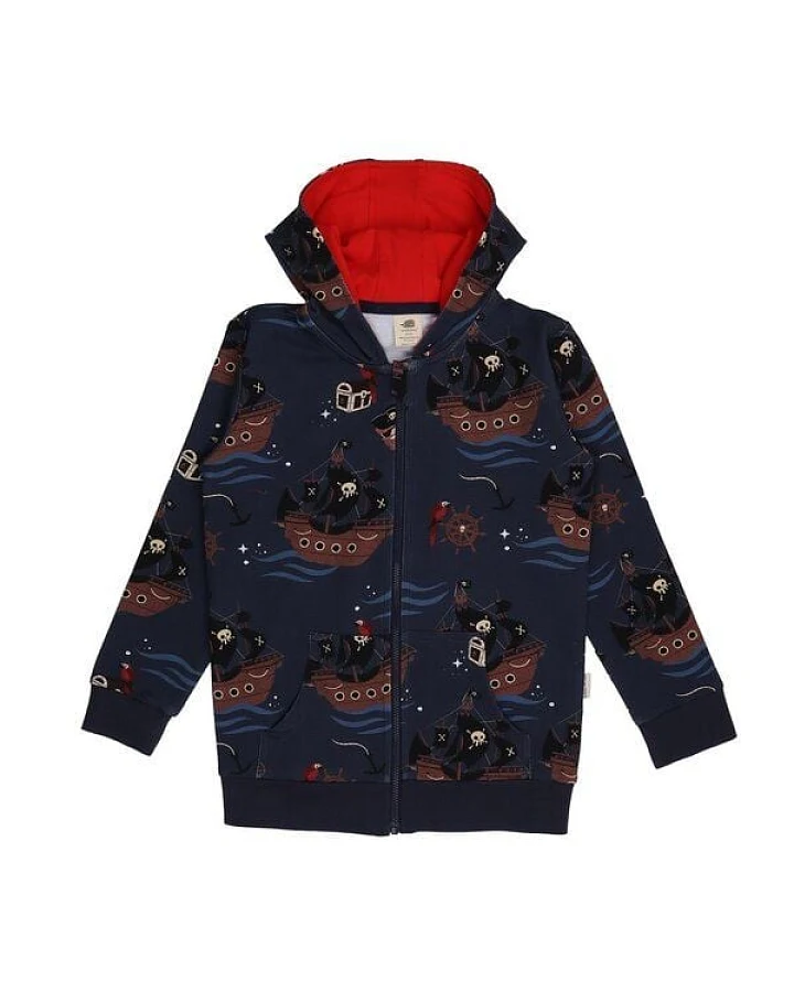 Kinder Sweatjacke GOTS zertifiziert – 95% Bio-Baumwolle, Dunkelblau mit Piratenschiff-Motiv, Kapuze & Reißverschluss